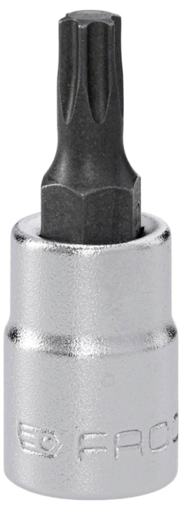 Ein Torx-Schraubendrehereinsatz mit Metallschaft, entworfen für die Verwendung mit einem Steckschlüssel. Der Schaft hat ein eingraviertes Markenlogo.