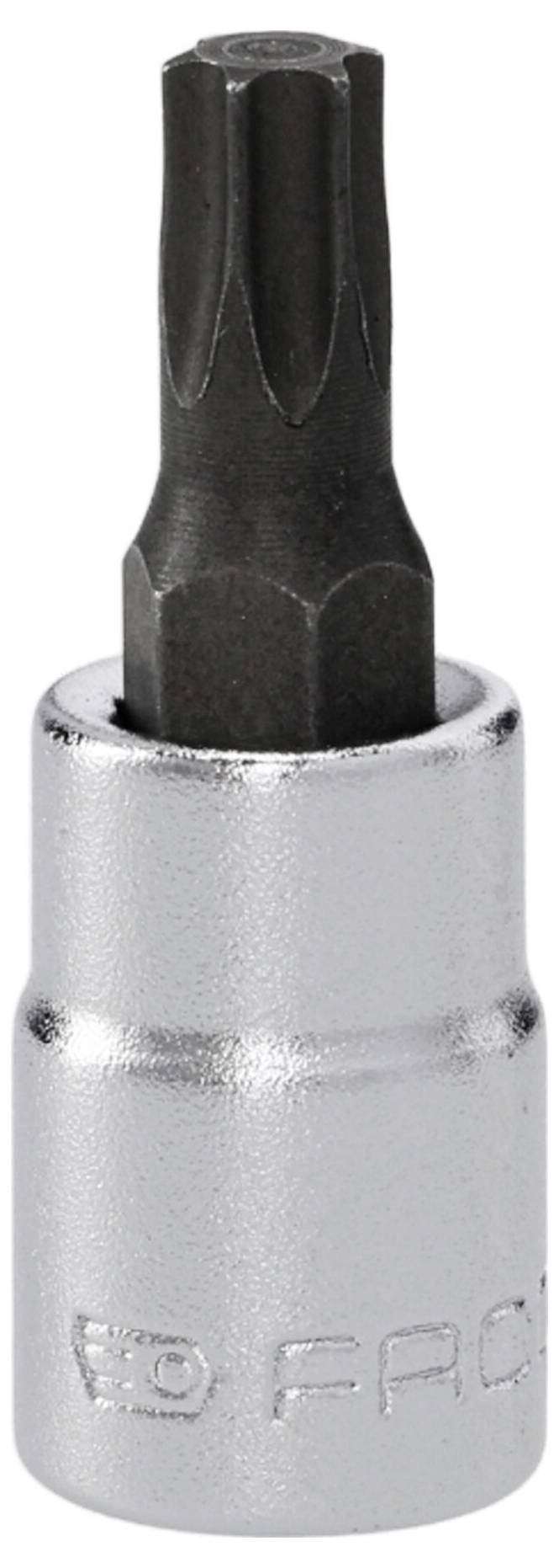 Ein silbernes Torx-Bit-Steckschlüssel-Werkzeug mit sternförmigem Kopf, das zum Anziehen oder Lösen von Schrauben mit entsprechenden sternförmigen Mustern verwendet wird.