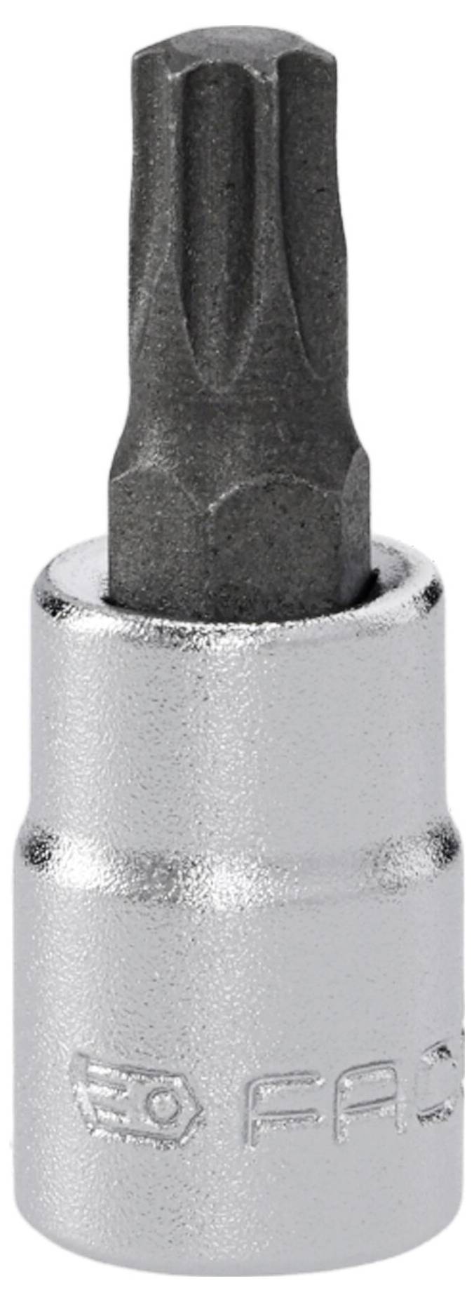Eine Torx-Bit-Stecknuss aus Metall, die einen Torx-Bit mit einer Stecknussschlüssel-Grundlage verbindet, zum Antreiben von Torx-Schrauben verwendet.