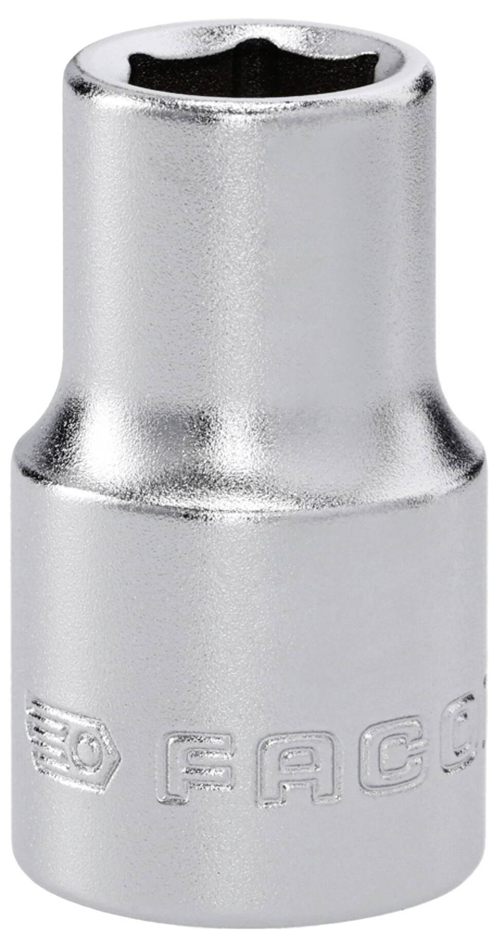 Eine silberne, sechsflächige Steckschüssel mit graviertem Markenschriftzug, verwendet zum Anziehen oder Lösen von Muttern und Bolzen.