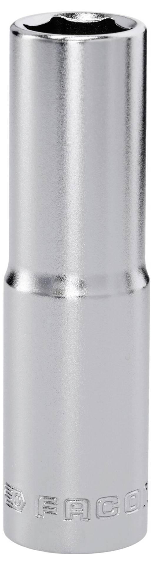 Ein silberner, zylindrischer Stecknussschlüssel mit sechskantigem Loch an einem Ende, konzipiert zum Antreiben von Muttern und Schraubenbolzen.