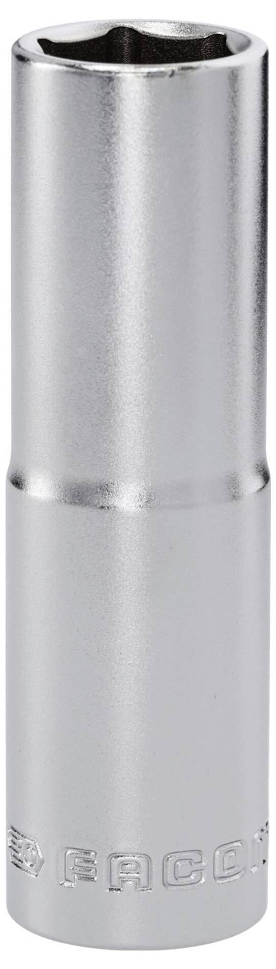 Ein Stecknussschlüssel aus Silber mit sechskantiger Öffnung, entwickelt zum Anziehen oder Lockern von Muttern und Bolzen.