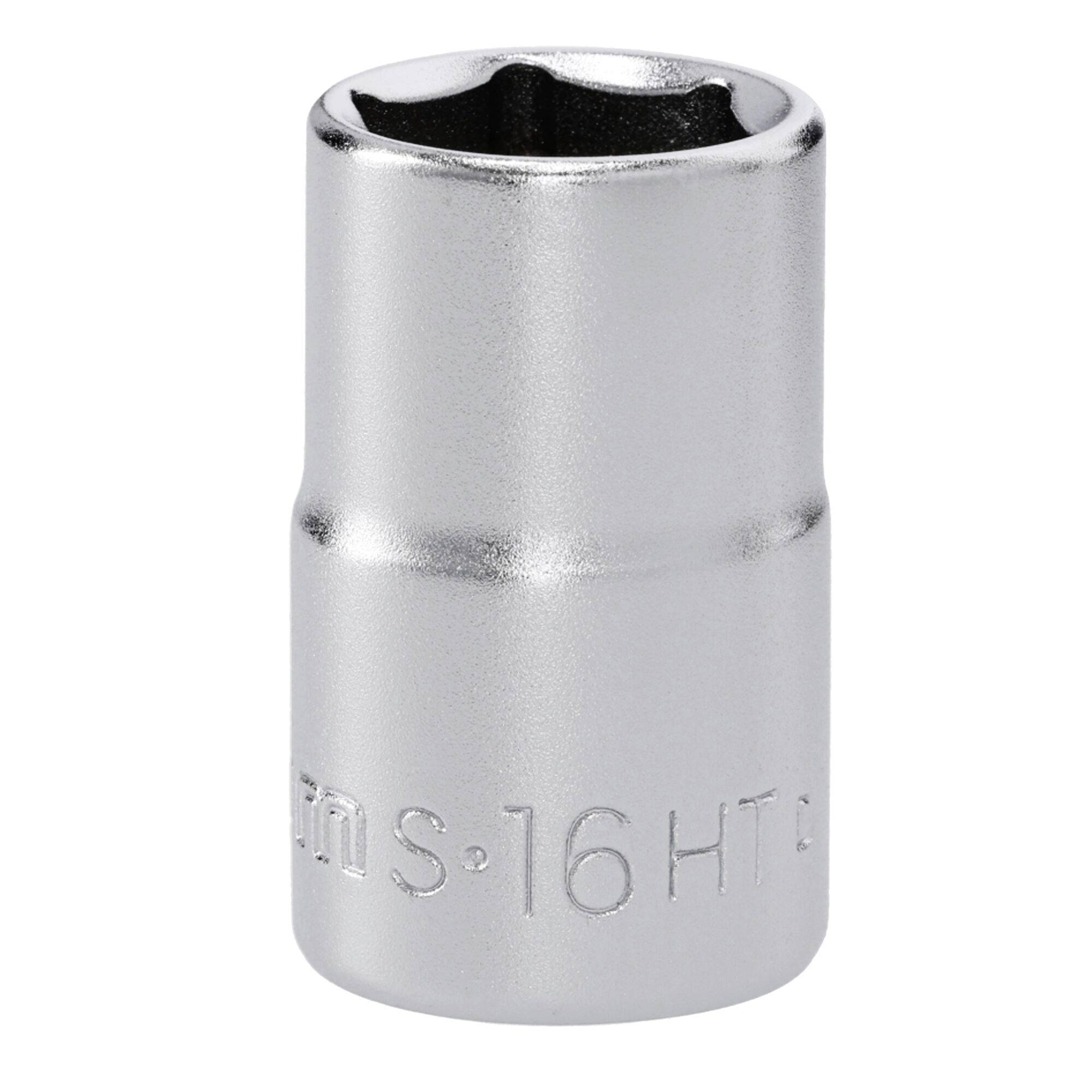 Ein glänzendes, silberfarbenes, metallisches Steckschlüssel-Werkzeug mit der Kennzeichnung „16 mm