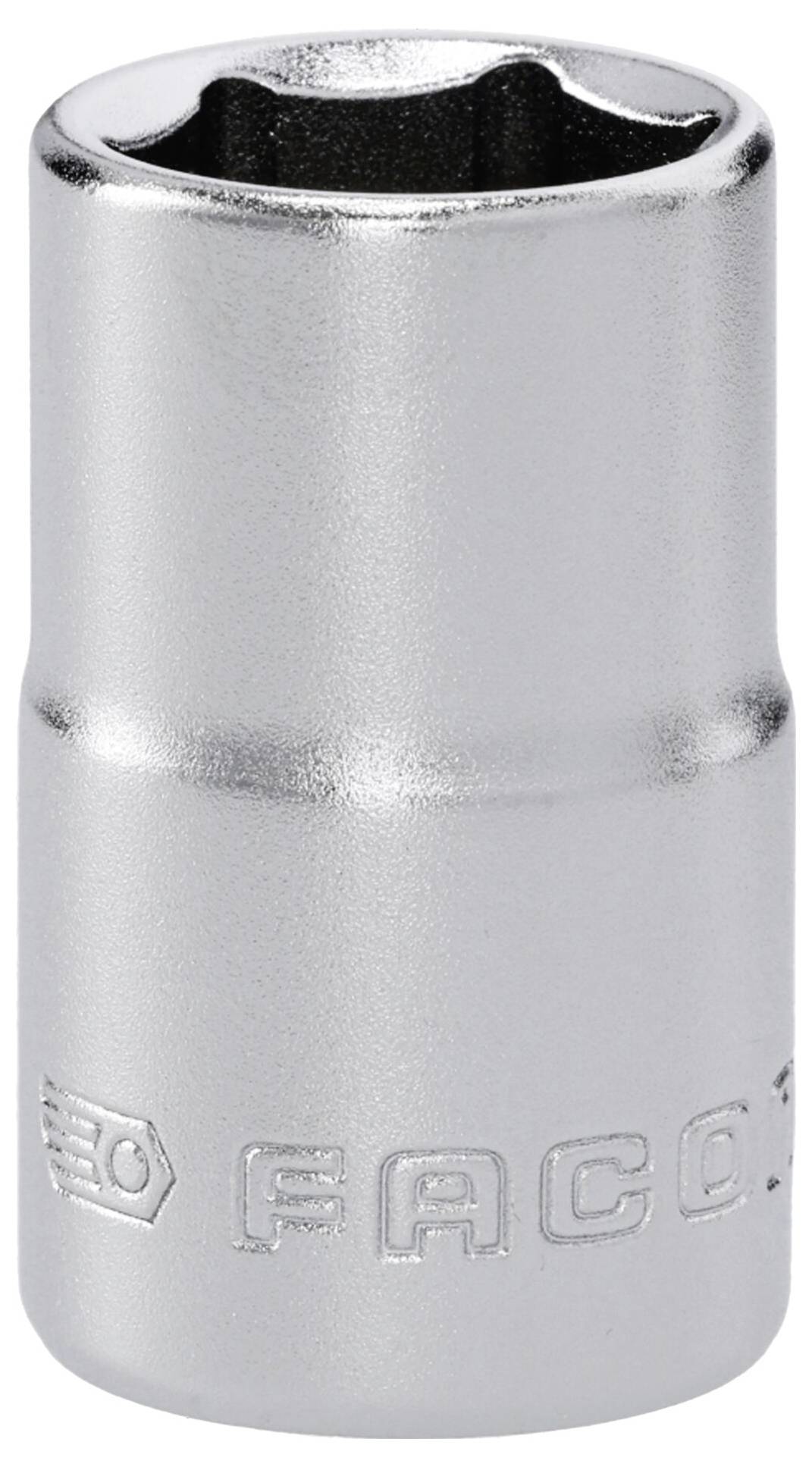 Ein Silbermetall-Steckschlüssel, zylindrisch mit sechskantiger Öffnung, graviert mit „FACOM
