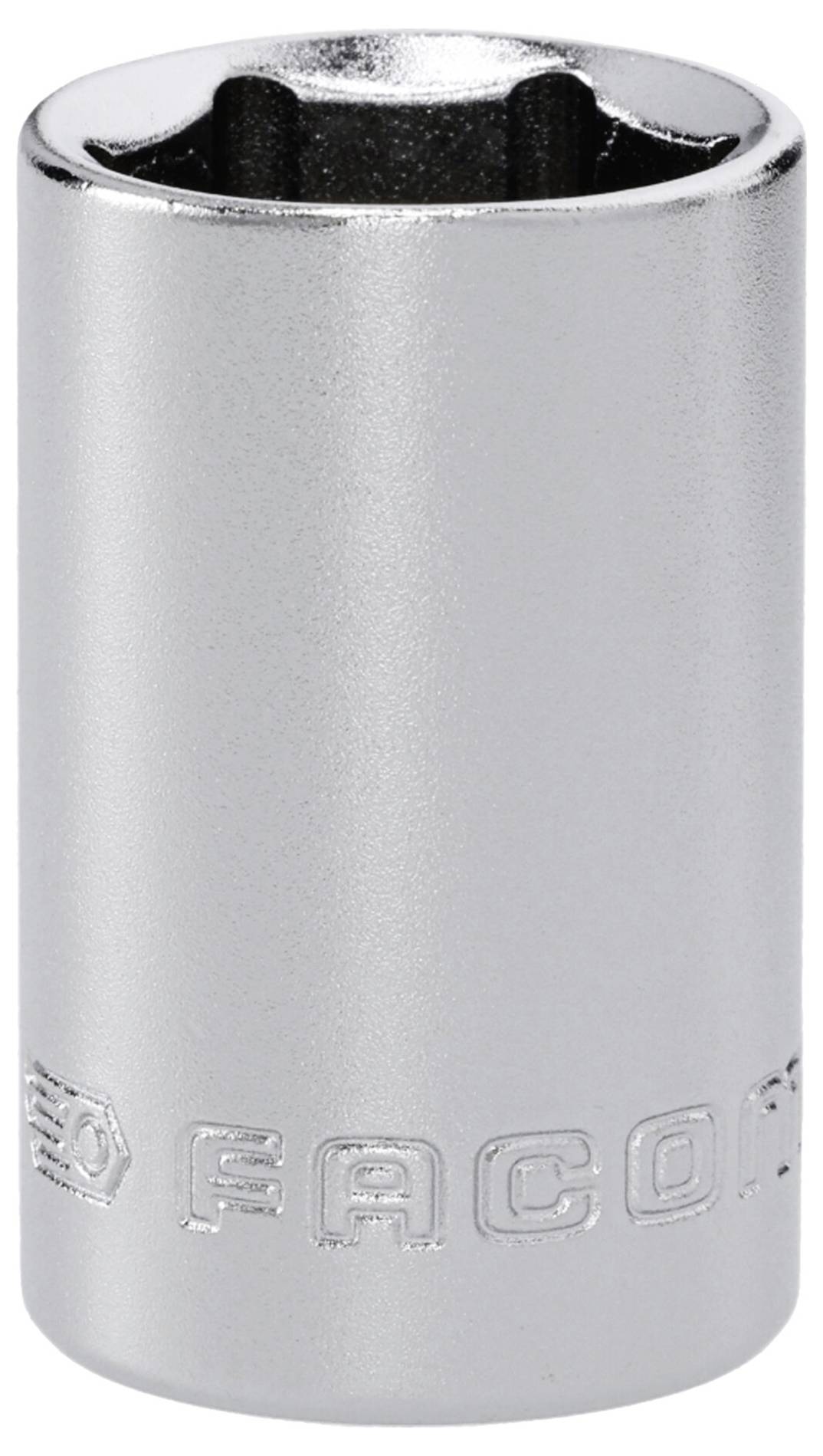 Eine glänzende Metallsteckdose, zylindrisch mit sechskantigem Öffnung, mit der Marke „FACOM