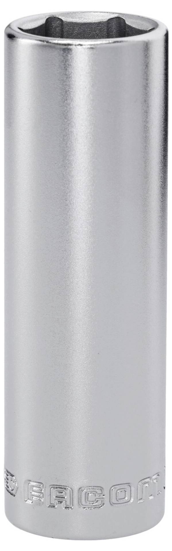 Eine Edelstahlnuss mit sechskantiger Öffnung, die Markierungstext an der Basis aufweist. Wird zum Anziehen oder Lösen von Muttern und Schraubenbolzen verwendet.