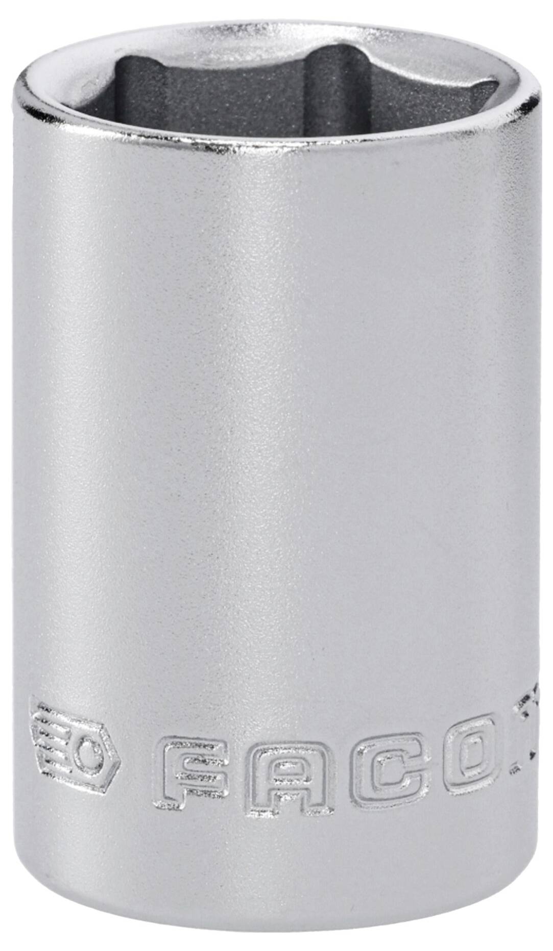 Ein metallischer Schraubenschlüsseleinsatz, zylindrisch geformt, mit einer sechseckigen Öffnung und Gravuren an der Seite.