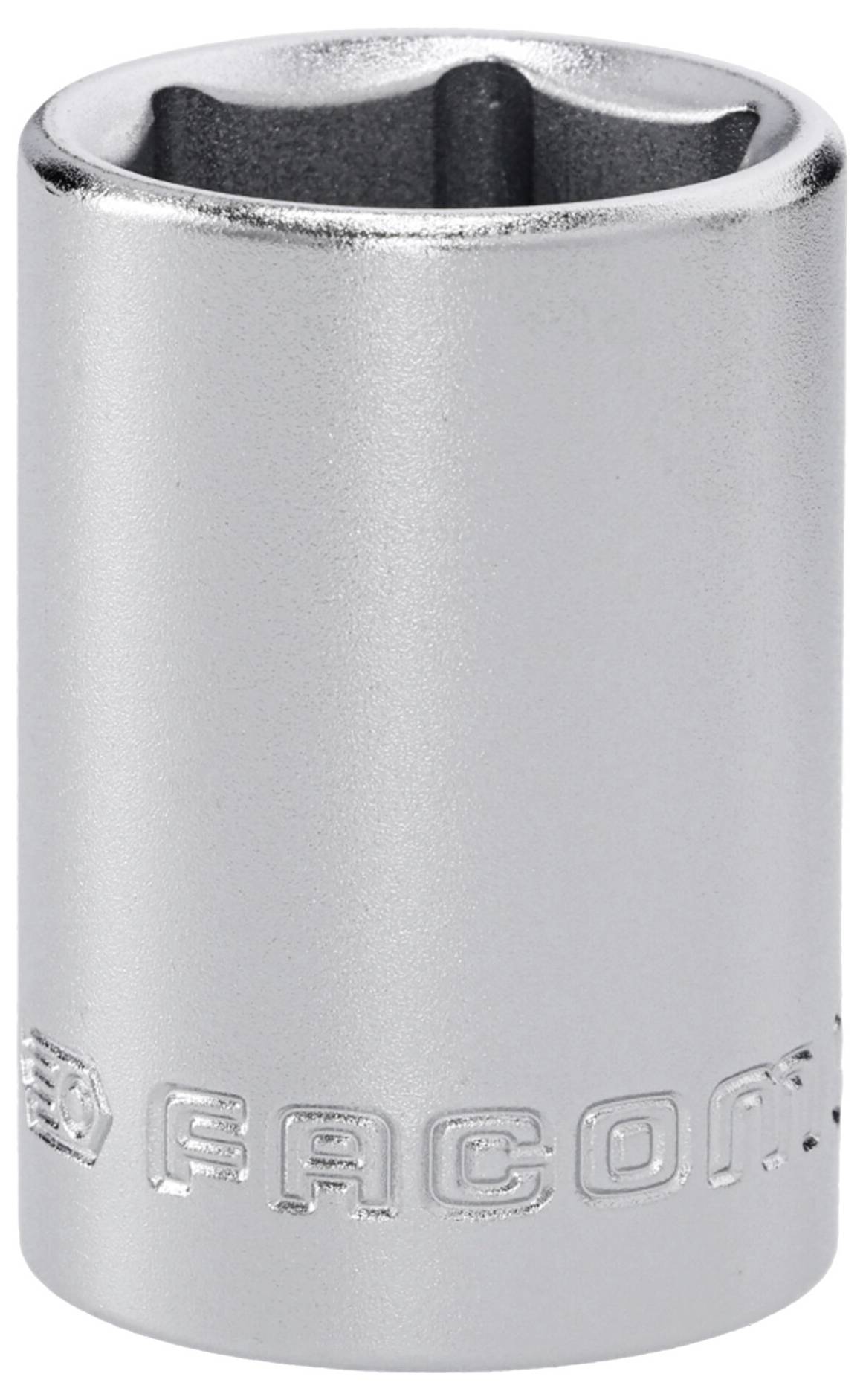 Ein silberner Steckschlüsseleinsatz mit sechskantiger Öffnung. Die Marke „Facom