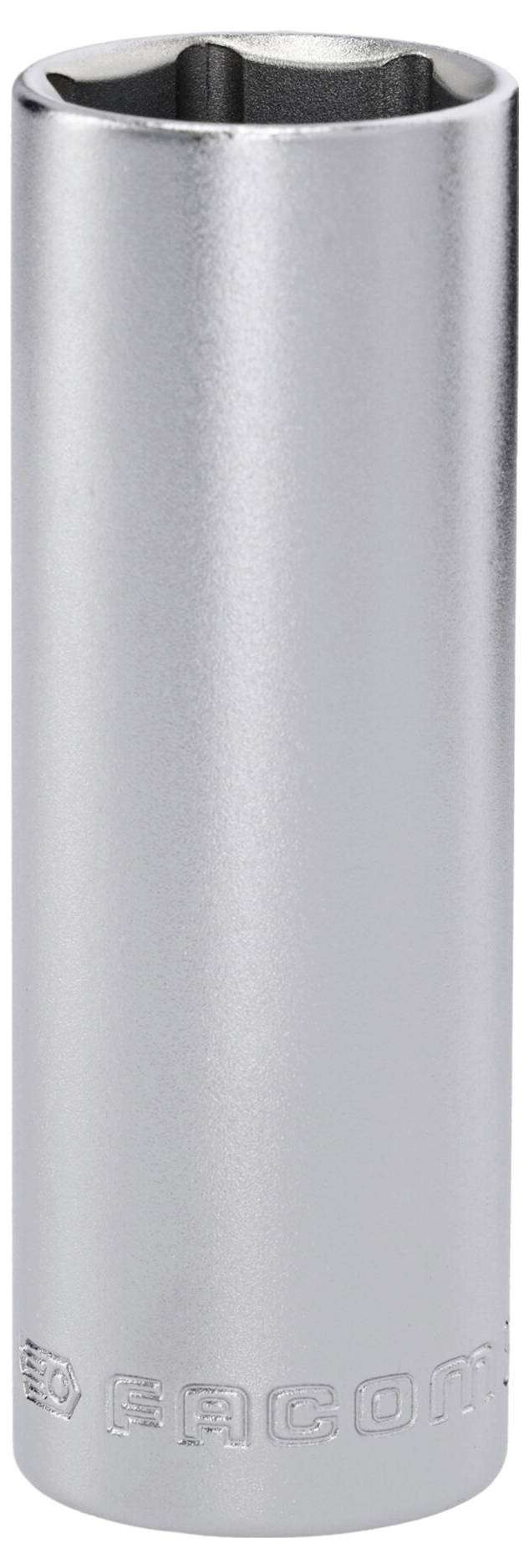 Ein zylindrisches Metallsteckwerkzeug, silberfarben, mit Gravuren in der Nähe der Basis.