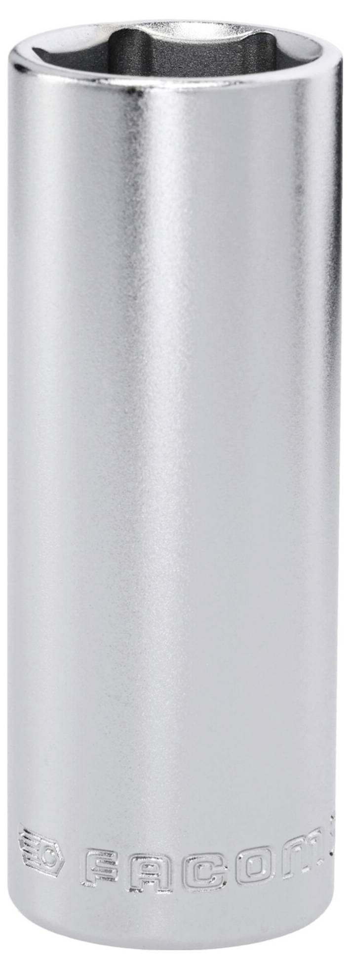 Eine glänzende, silberfarbene Steckschlüssel-Verlängerung mit sechseckiger Öffnung, an der Basis mit „Snap-on