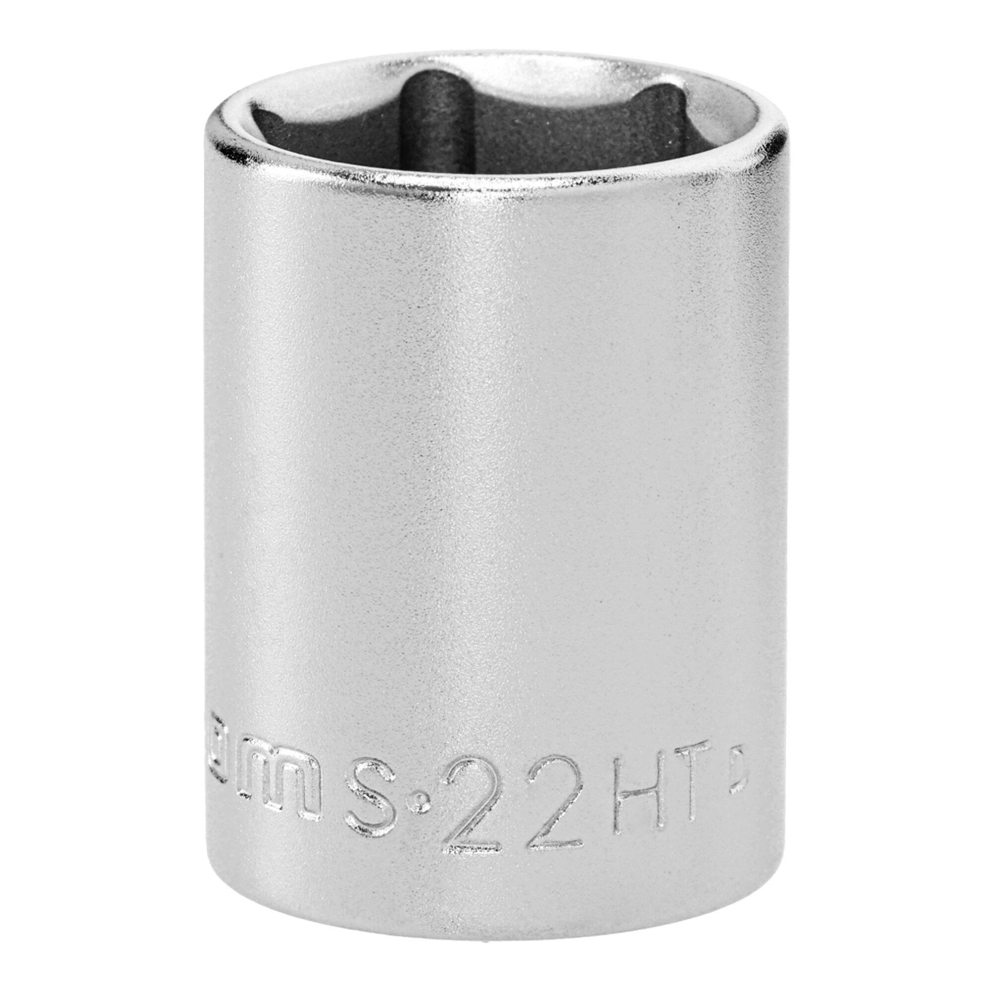 Eine metallische zylindrische Buchse mit eingraviertem Text: 22HT. Konzipiert für die Verwendung mit Steckschlüsseln.