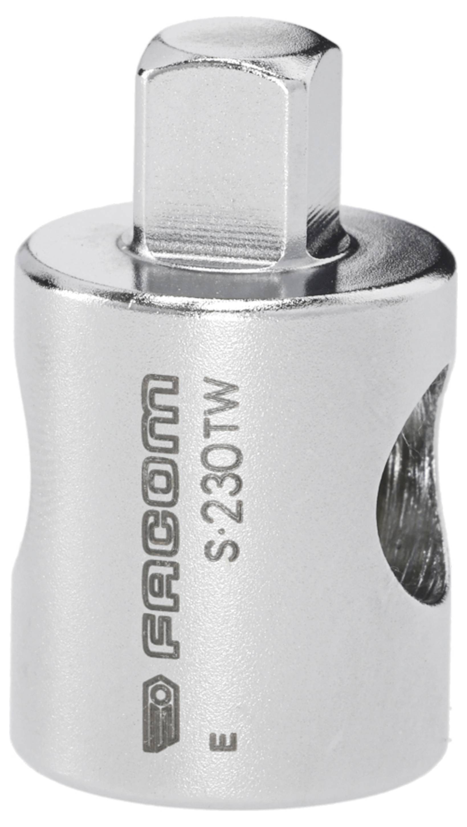 Nahaufnahme eines silbernen Steckadapters mit Vierkantantrieb und „FACOM S.230TW