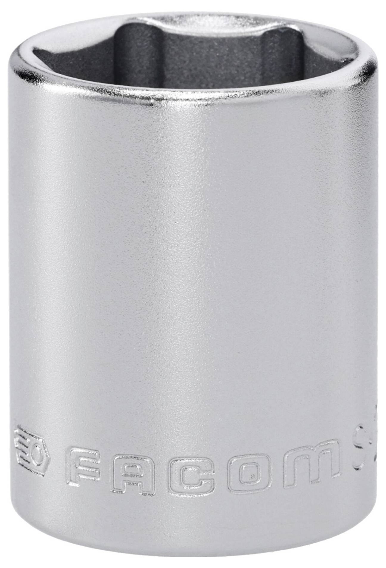 Ein metallisches Steckschlüssel-Kopf mit der Gravur 'FACOM' an der Seite; zylindrische Form, silberne Oberfläche, verwendet zum Anziehen oder Lösen von Schrauben.