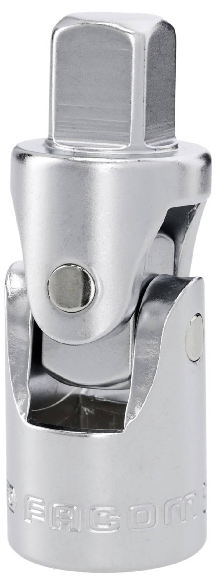 Ein silberner universeller Gelenkadapter mit zylindrischer Basis und schwenkbarem Kopf, der zum Verbinden verschiedener Werkzeuge in engen Räumen verwendet wird.