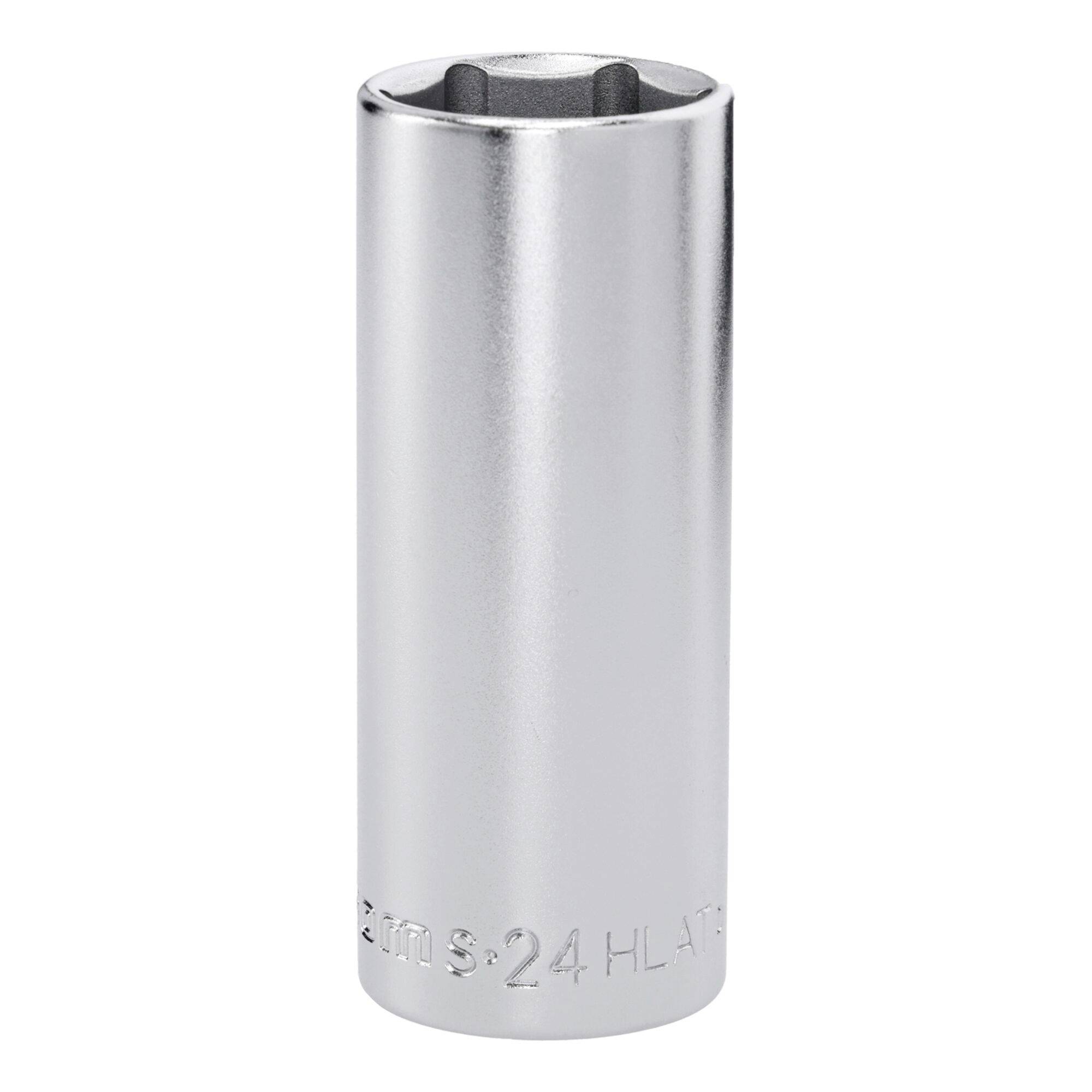 Ein silberner, sechseckiger 24-mm-Steckschlüsseleinsatz zum Anziehen oder Lockern von Muttern und Schrauben, aufrecht gegen einen weißen Hintergrund dargestellt.