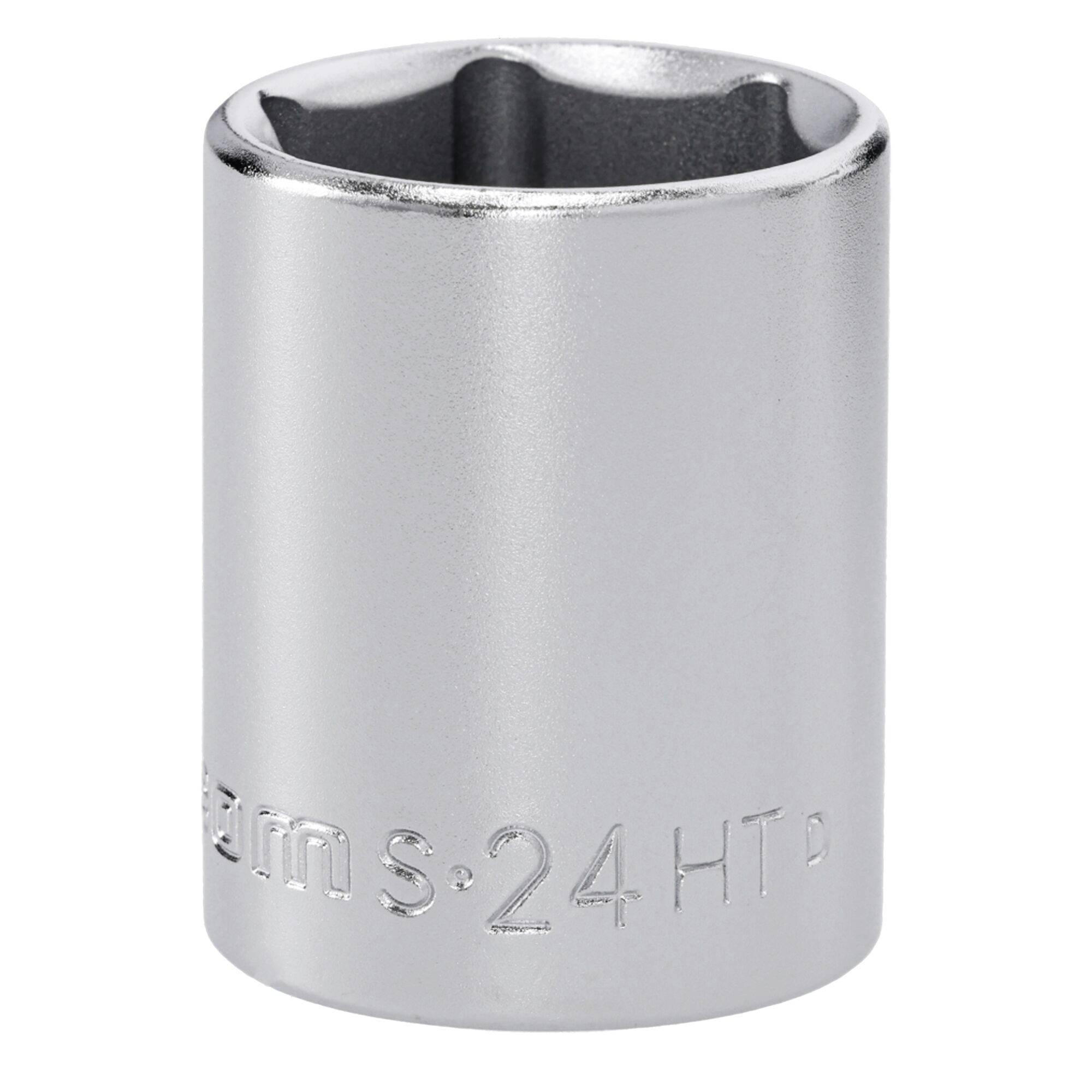 Ein silberner Steckschlüssel-Kopf, zylindrisch mit sechseckiger Öffnung, eingraviert mit „24mm S.24 HTD
