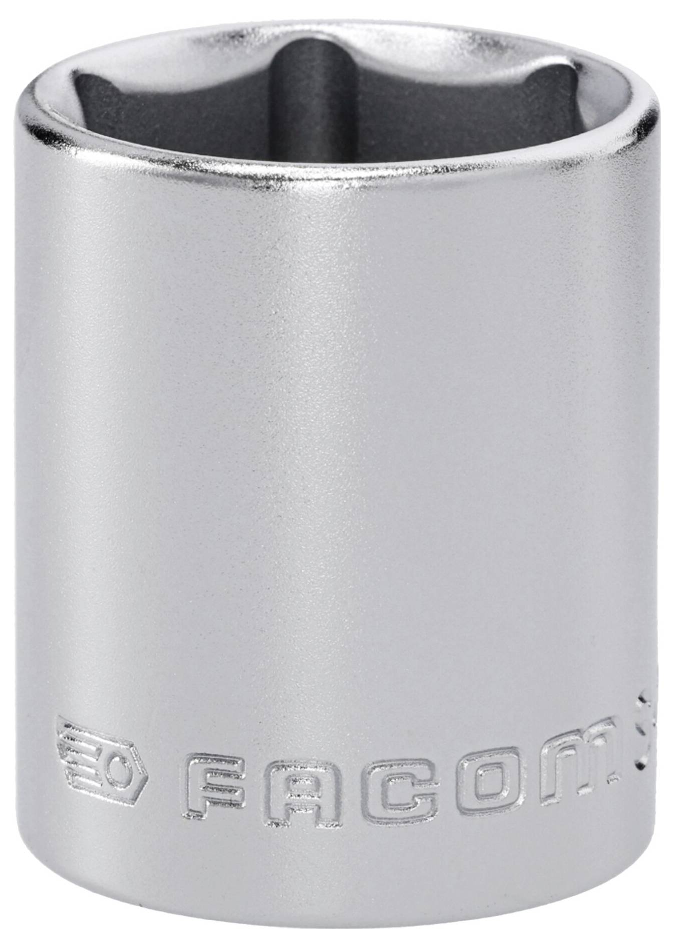 Ein silberner Facom-Steckschlüssel-Kopf mit sechskantigem Loch und eingraviertem Markenlogo am unteren Ende.