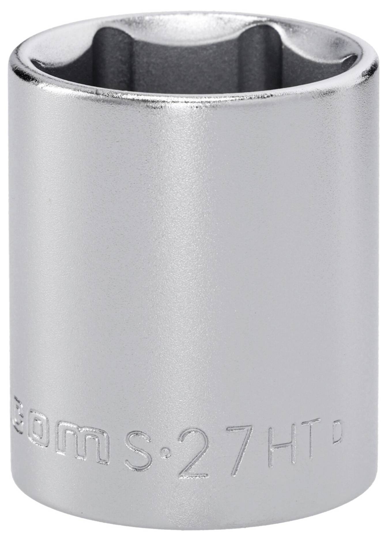 Eine glänzende Metallnuss mit sechskantigem Innenraum und der Gravur „30MS 27HT