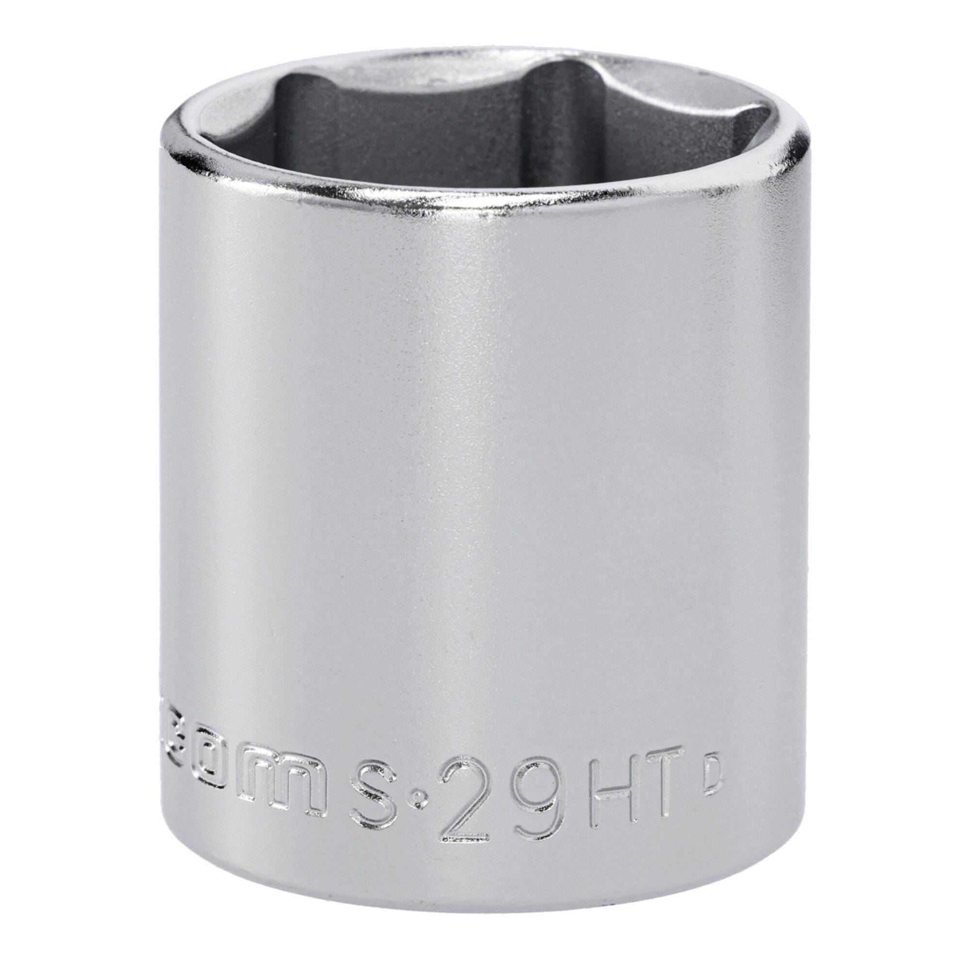 Ein metallischer Steckschlüssel mit sechskantigem Loch, verwendet zum Festziehen oder Lockern von Muttern, mit Größenmarkierung auf der Seite.