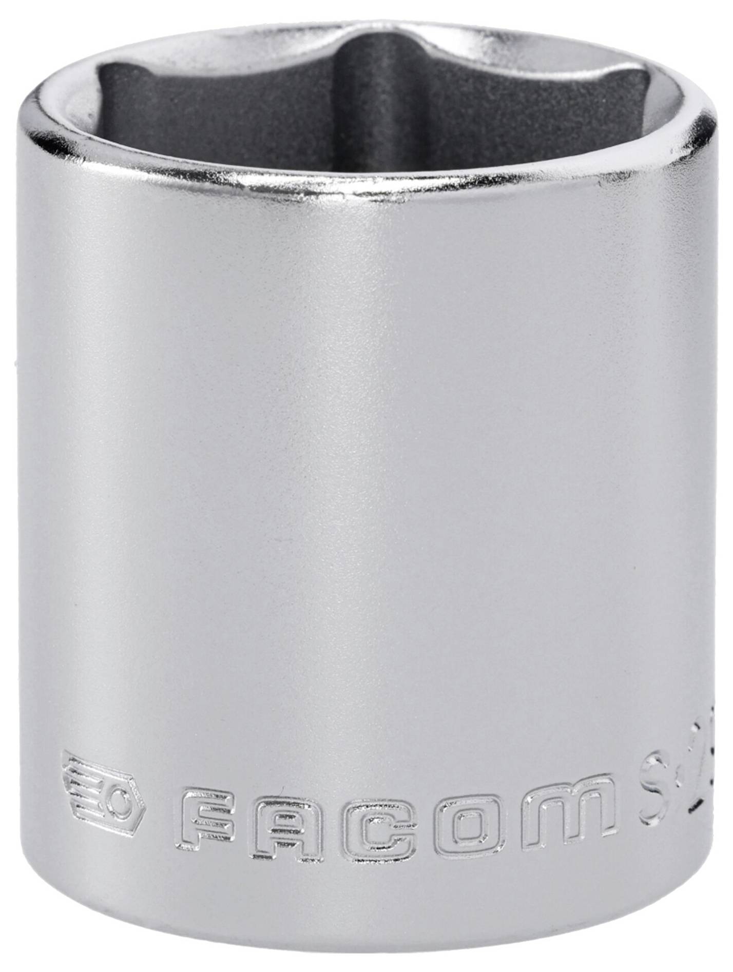 Eine glänzende metallische Stecknuss mit FACOM-Gravur an der Seite, die zum Anziehen oder Lockern von Muttern und Bolzen verwendet wird.