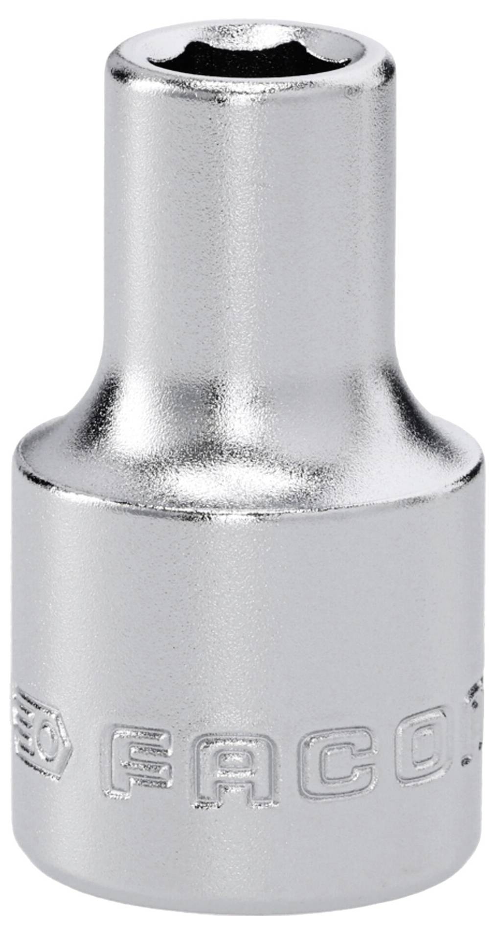 Eine glänzende Metallnuss mit der Gravur 'FACOM' auf der Seite, entwickelt zur Verwendung mit einem Schraubenschlüssel oder einer Ratsche, um über eine bestimmte Schraubengröße zu passen.