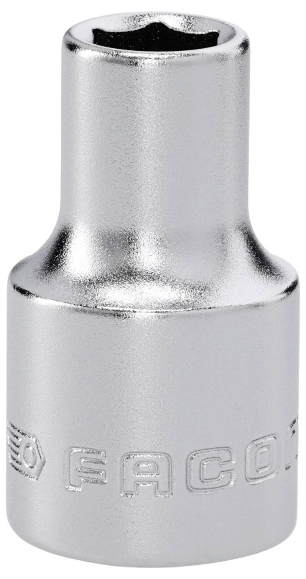 Ein glänzender, metallischer Steckschlüsseleinsatz mit dem eingeprägten Markennamen an der Seite. Konstruiert für mechanische Anwendung.