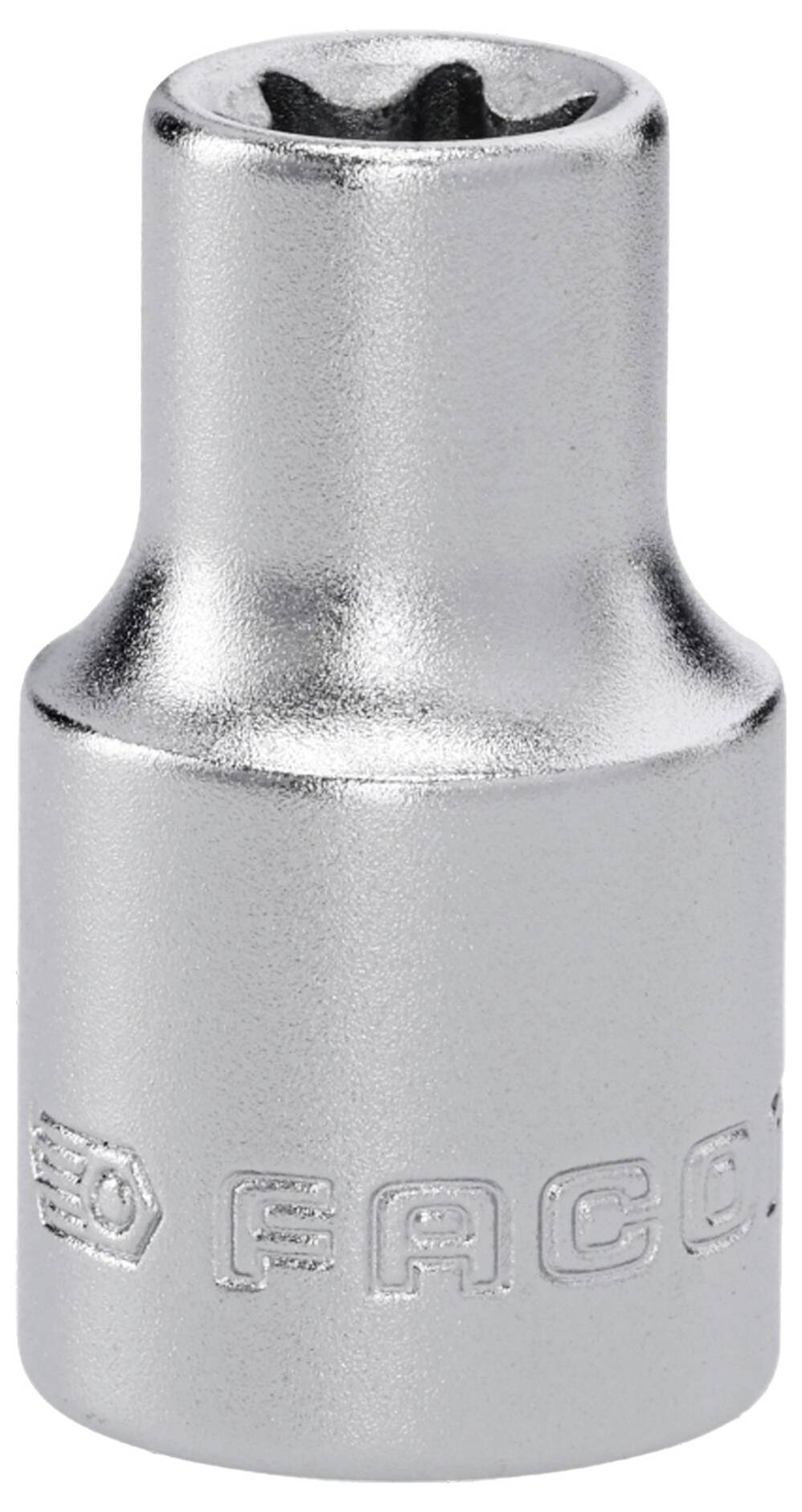 Eine Silbermetall-Steckdose mit sechskantigem Loch und eingraviertem Markennamen, die zum Aufstecken auf einer Mutter oder Schraube verwendet wird, um diese festzuziehen oder zu lockern.