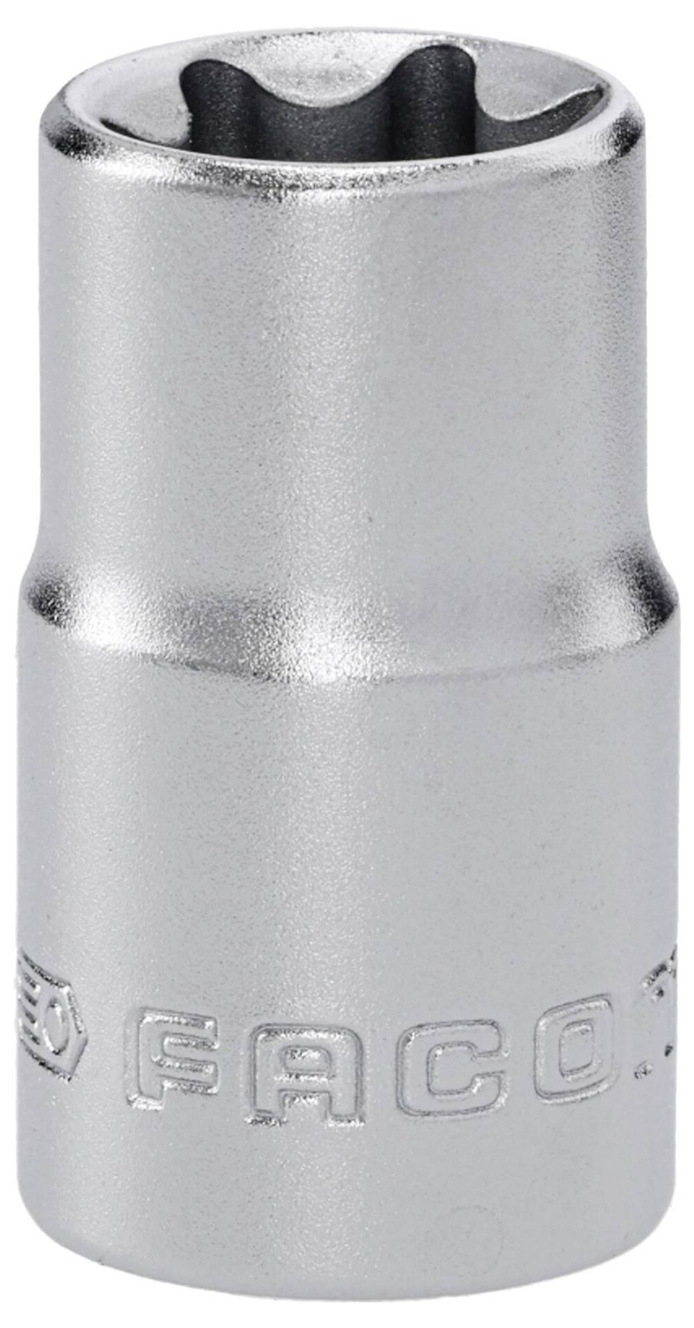 Ein silberner Stecknussaufsatz von Facom mit polierter Oberfläche und achtflächigem Design, verwendet zum Anziehen oder Lösen von Muttern.