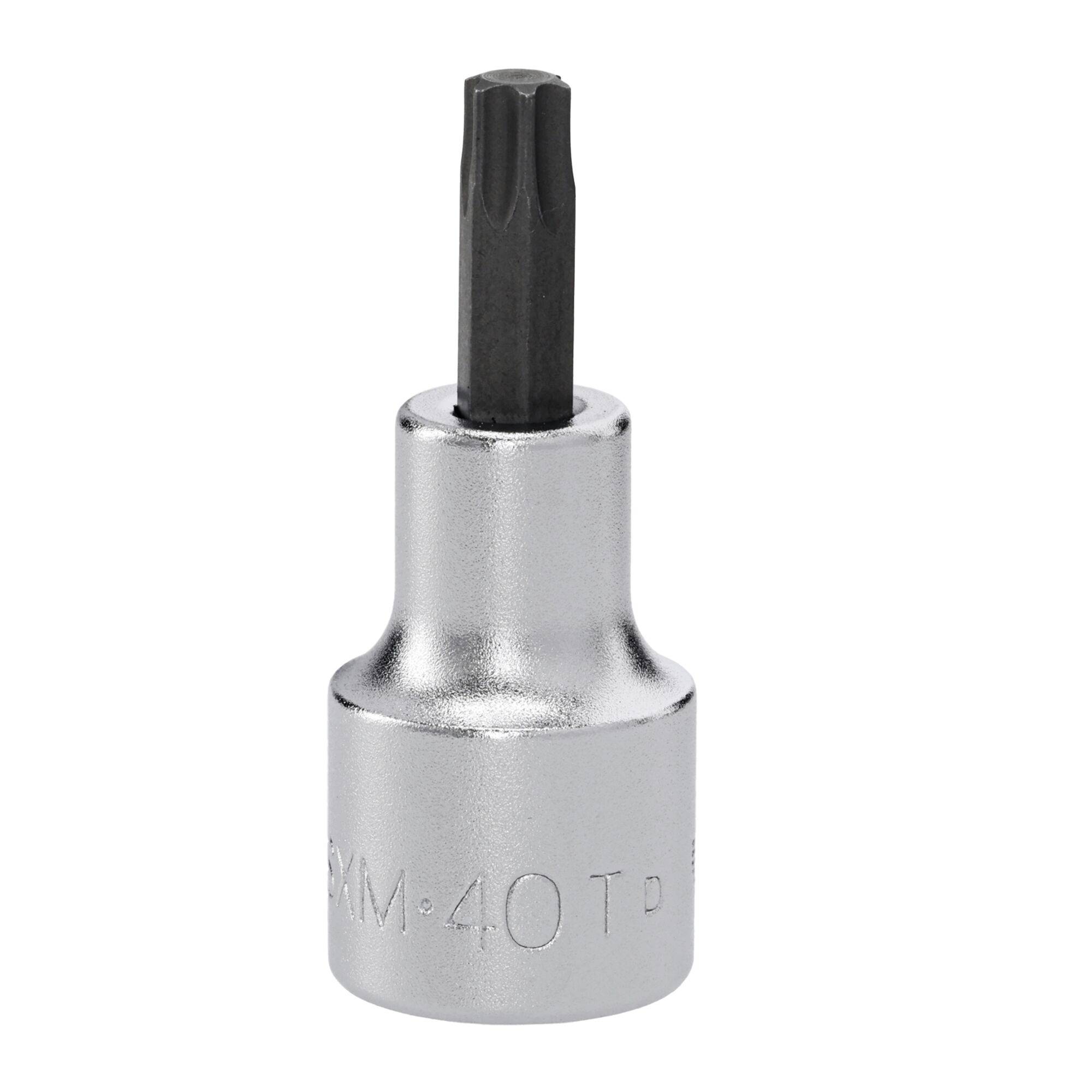 Ein silberner Steckschlüssel-Adapter mit einem angebrachten schwarzen Torx-Bit, gekennzeichnet mit '40 T'.