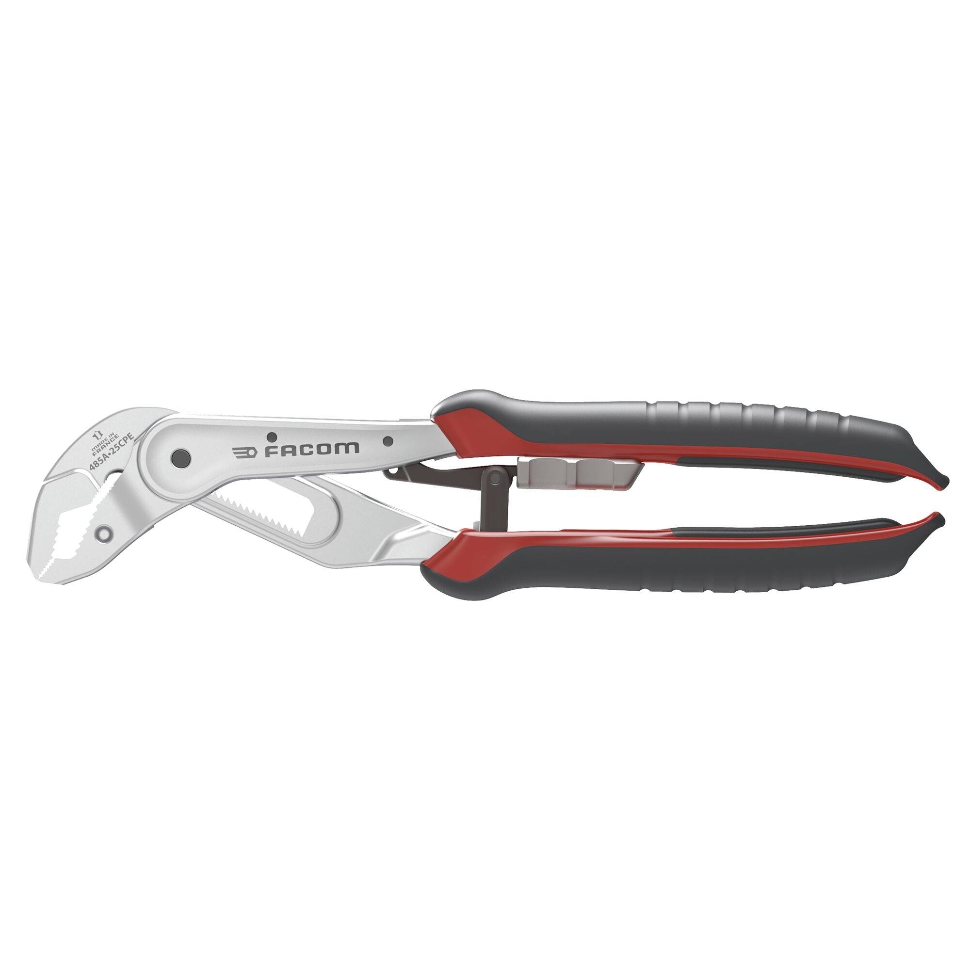 Ein silberner verstellbarer Schraubenschlüssel mit roten und schwarzen Gummigriffbereichen, mit der Marke 'Facom' gekennzeichnet, mit einer breiten Maulöffnung zum Greifen verschiedener Objekte.