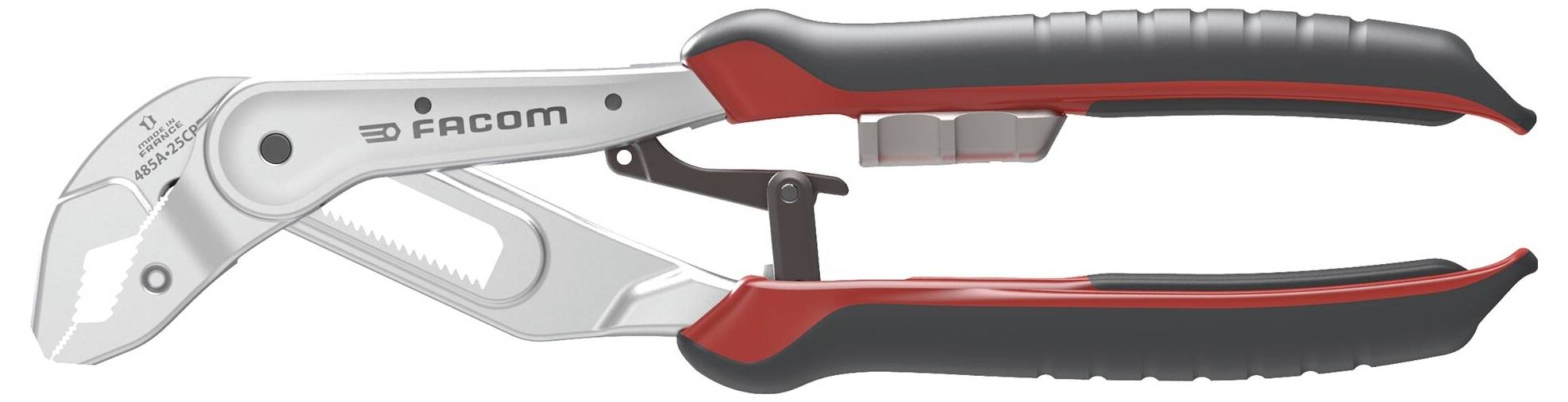 Verstellbarer Schraubenschlüssel mit roten und schwarzen Griffen, entwickelt zum Greifen und Drehen von Muttern und Schraubenbolzen.