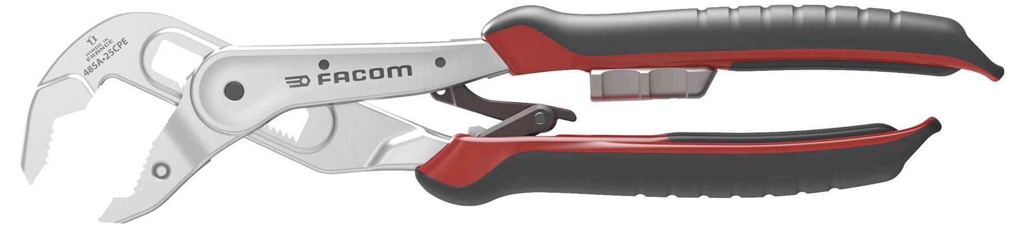 Verstellbare Schraubenschlüssel mit V-förmigem Maul, schwarzen und roten Griffen und „FACOM