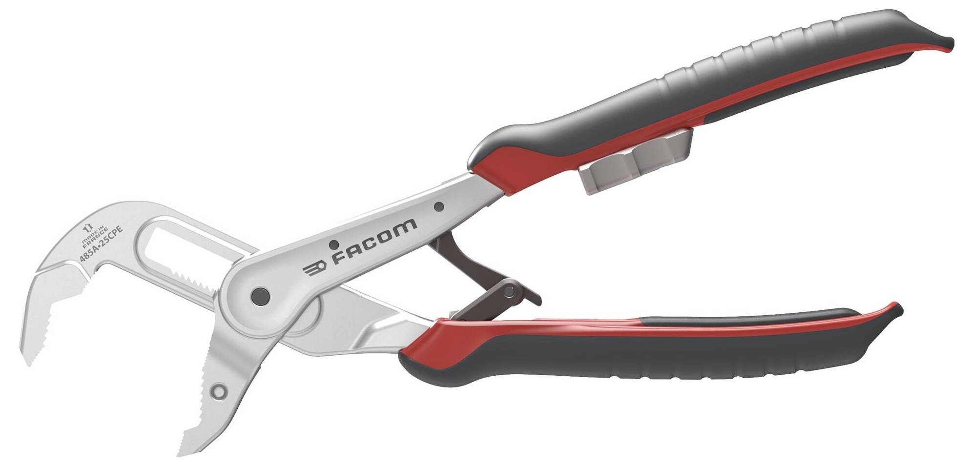 Silberfarbene und rote Kneifzangen mit verstellbaren Griffen und einer Metallverriegelung, mit der Bezeichnung „Facom