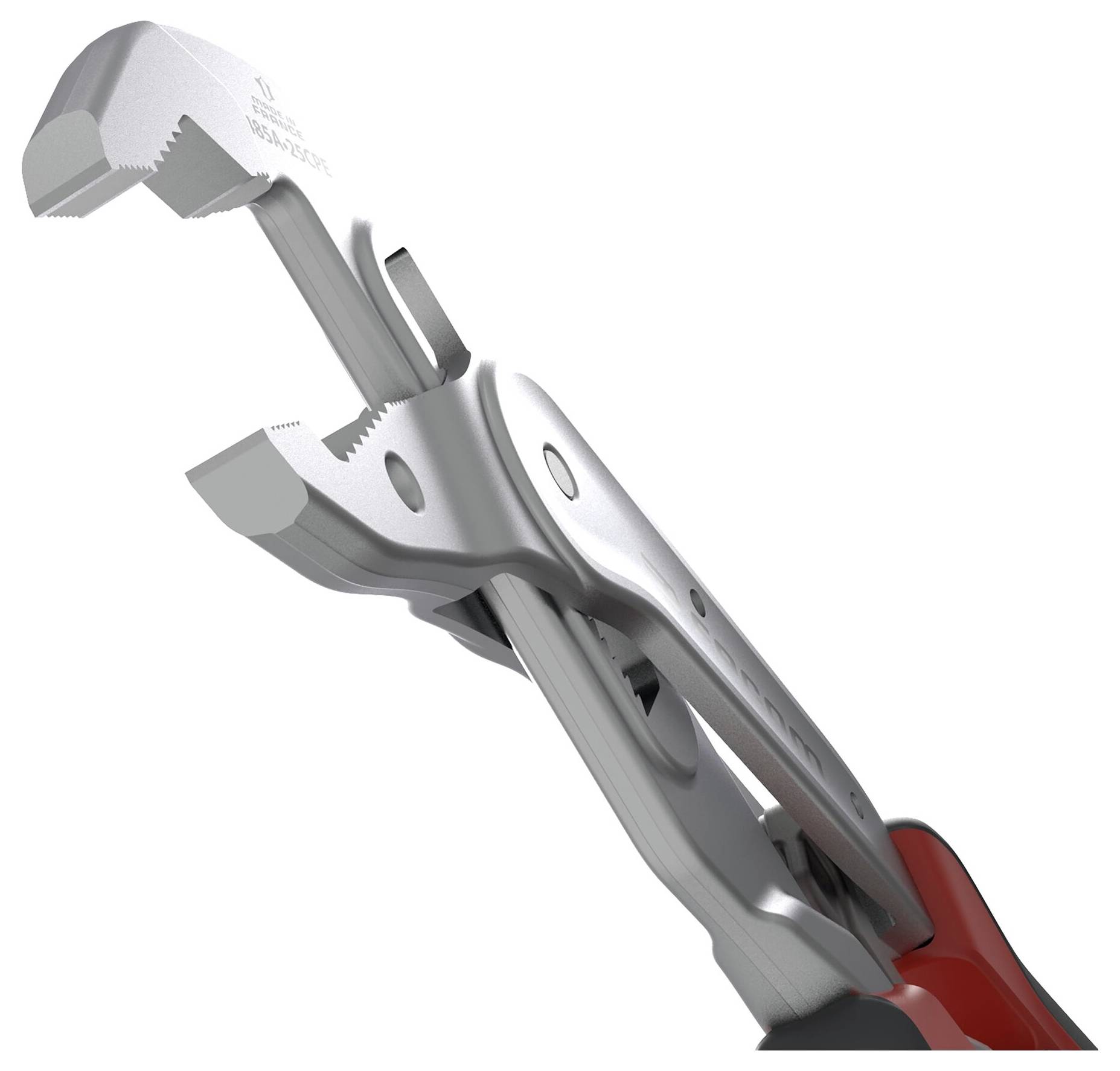 Eine Nahaufnahme von Metall-Stellzangen mit rotem Griff, die ihre Greifbacken und den Schwenkmechanismus zeigt, der zum Anziehen oder Lockern ausgelegt ist.