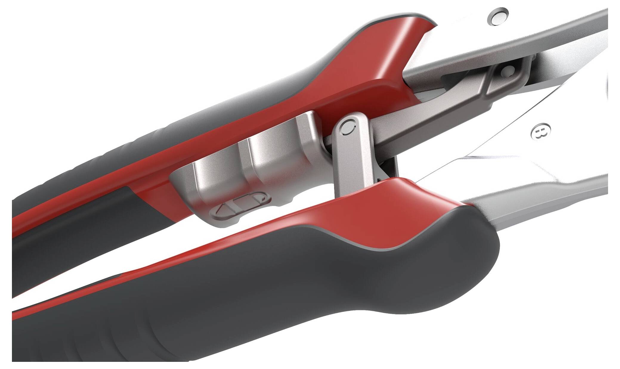 Nahaufnahme einer Gartenschere mit roten und schwarzen Griffen und einem glänzenden Schneidmechanismus aus Metall.