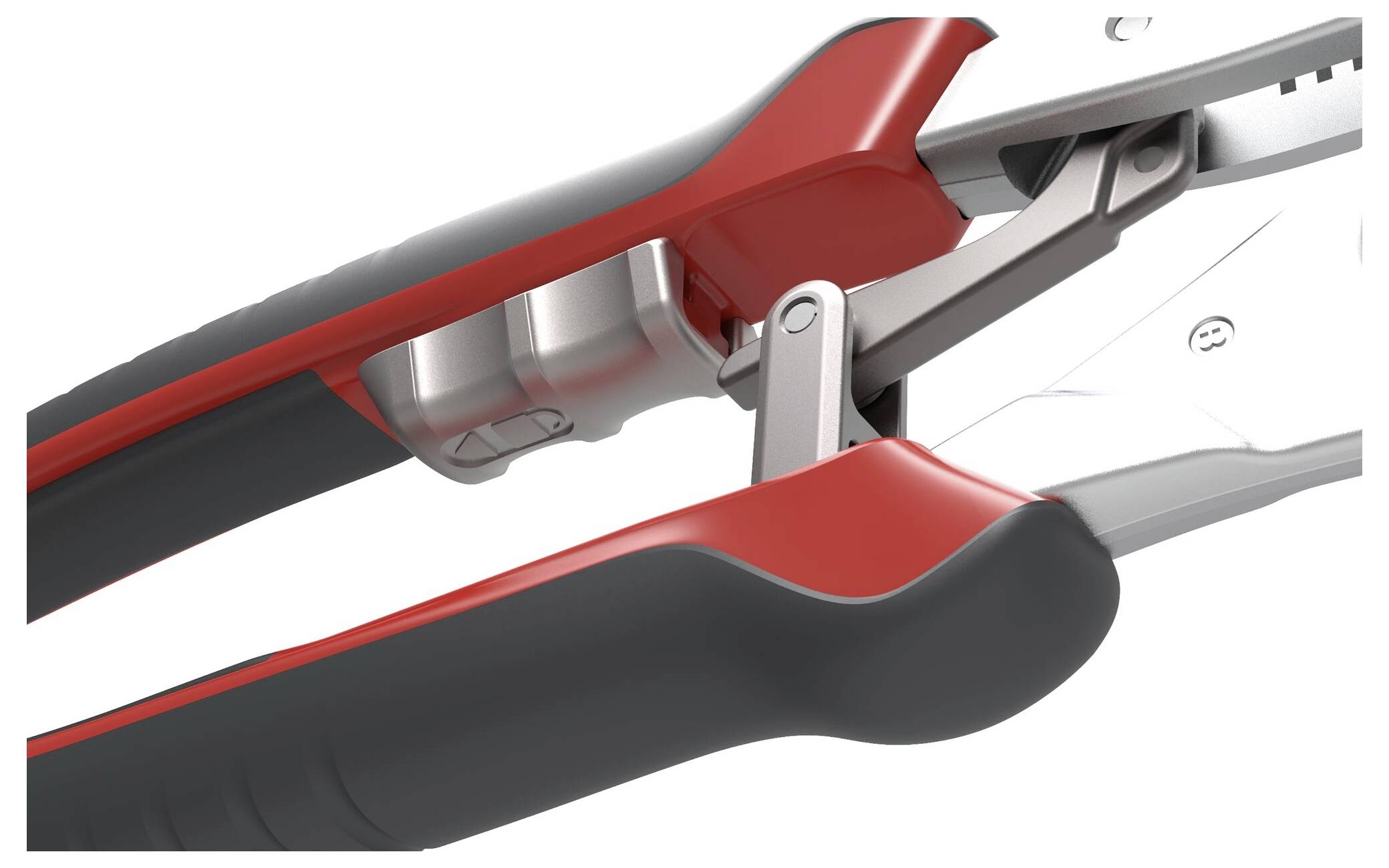 Nahaufnahme einer rot und schwarzen Werkzeugs, wahrscheinlich Gartenscheren, mit sichtbaren Klingen, die zum Schneiden ausgelegt sind.