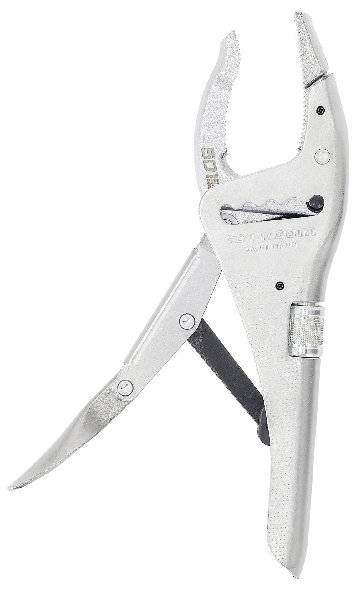 Eine Metall-Sperre-Zange mit ergonomischen Griffen und einem gebogenen Backen, entwickelt zum sicheren Greifen und Halten von Objekten.