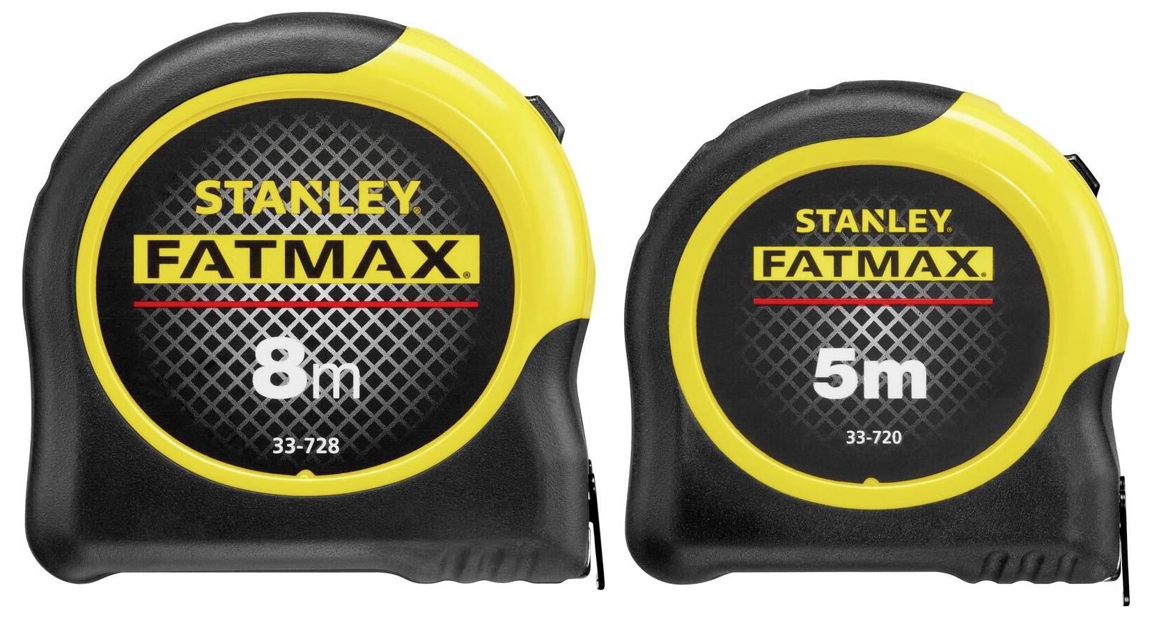 Zwei schwarze und gelbe Stahlmaßstäbe mit der Bezeichnung Stanley FatMax, mit Längen von 8 m und 5 m.