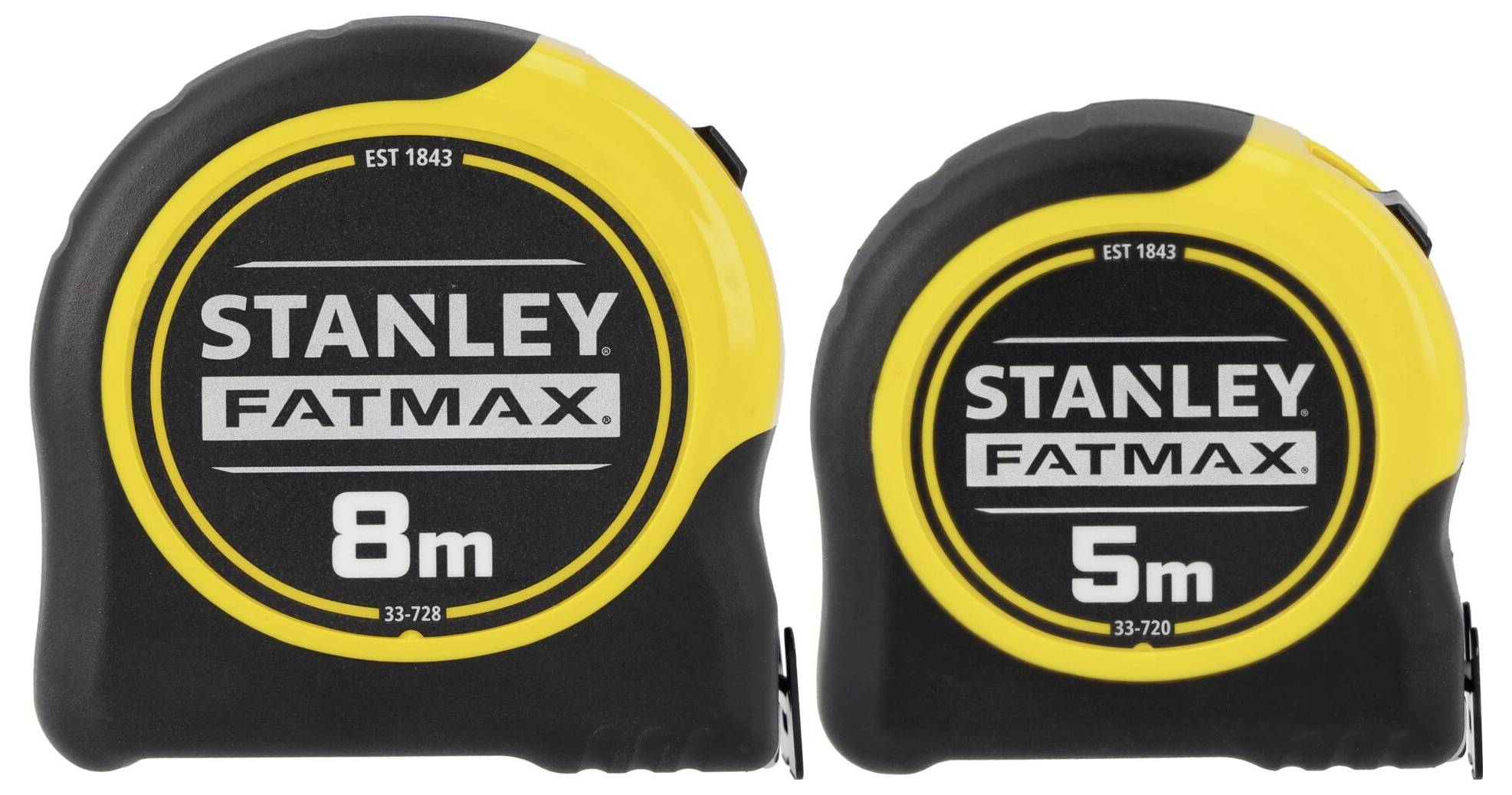 Zwei Stanley FatMax Stahlmaßstäbe, einer mit 8 Metern und einer mit 5 Metern, mit schwarzem Gehäuse und gelben Akzenten.
