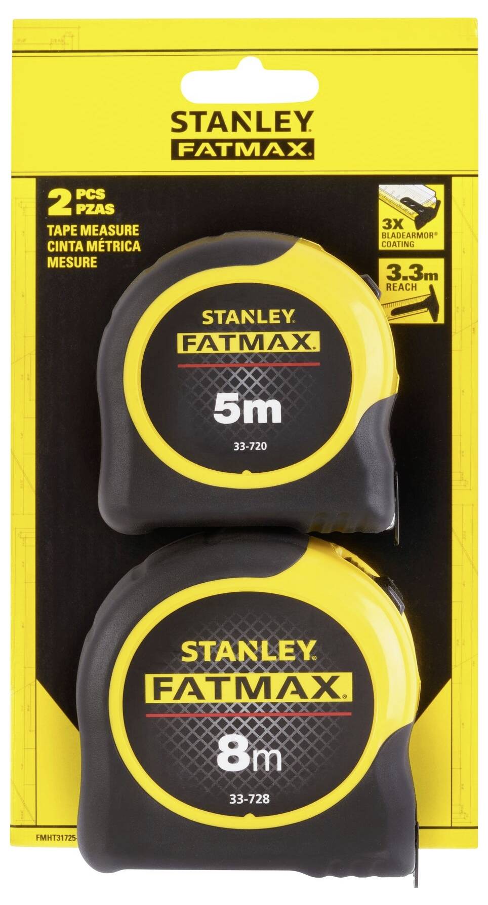 Packung mit zwei Stanley Fatmax Stahlmaßstäben, 5m und 8m, präsentiert auf gelb-schwarzer Verpackung.