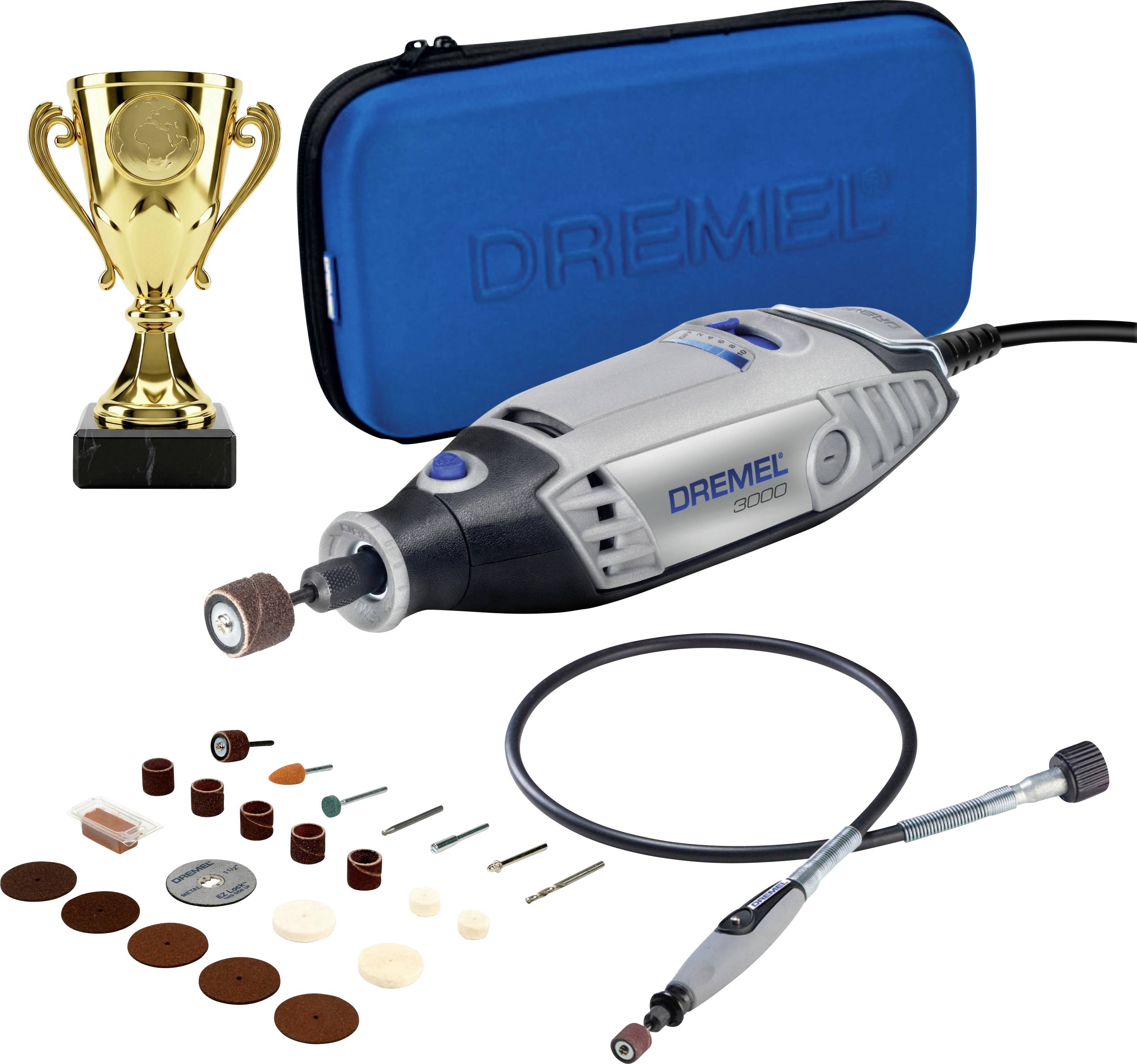 Ein Dremel 3000 Rotationswerkzeugset mit blauem Koffer, goldener Trophäe, verschiedenen Aufsätzen und einem flexiblen Schaftaufsatz für Präzisionsarbeiten.
