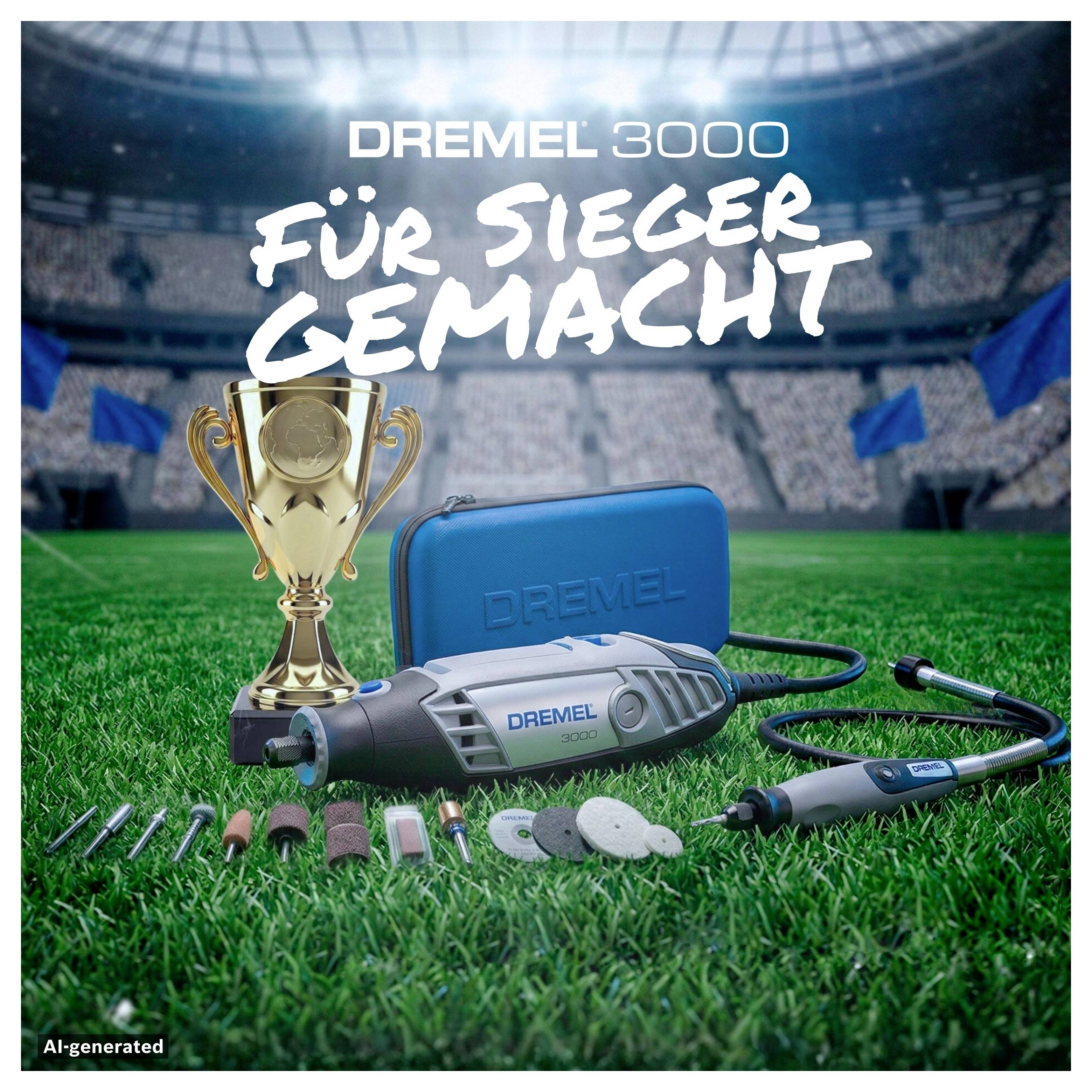 'Dremel 3000' und Zubehör auf einem Fußballfeld vor einem Stadion. Text: 'Für Sieger gemacht'. Ein Pokal steht daneben.