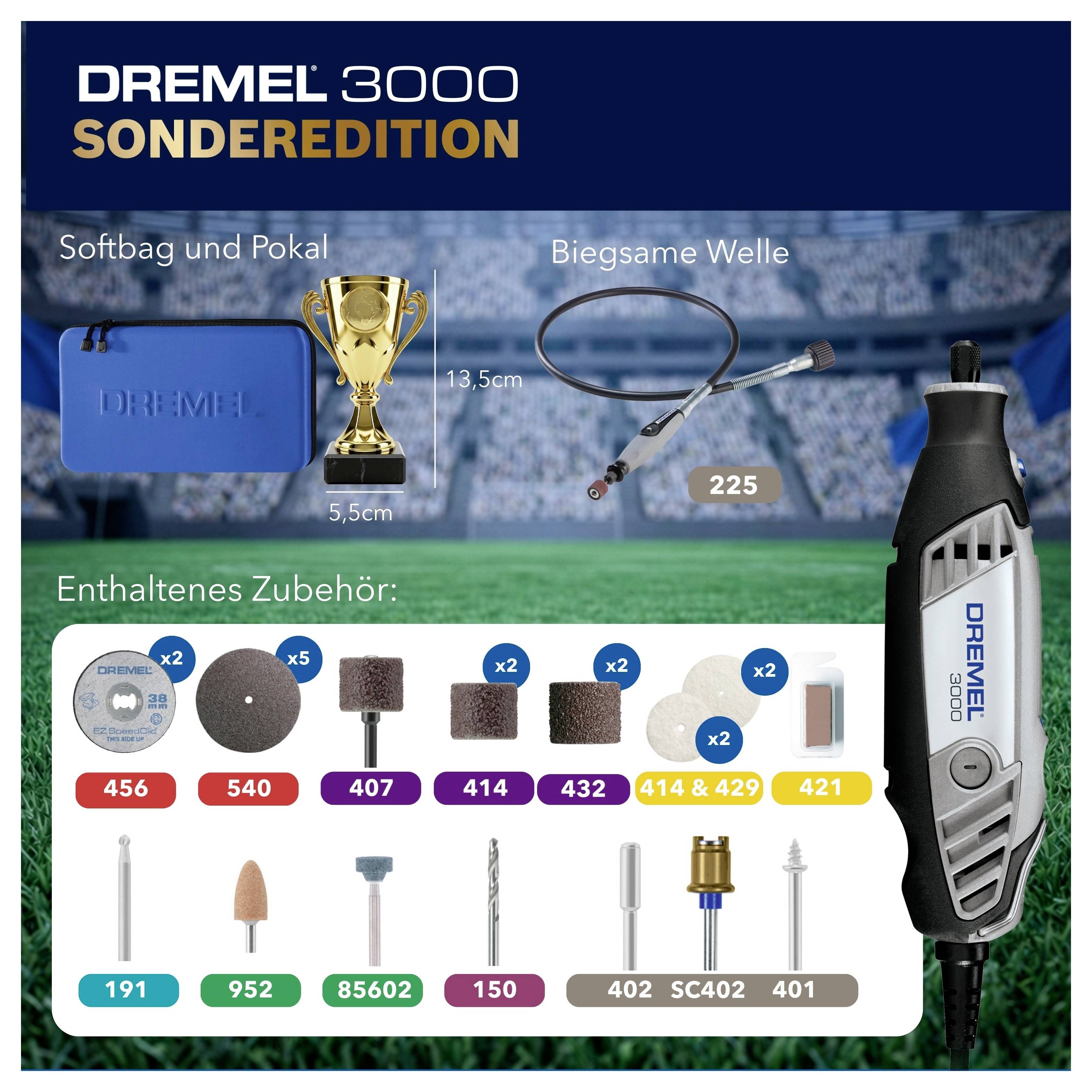 'DREMEL 3000 Sonderedition' mit Werkzeugzubehör: Softbag, Pokal, biegsame Welle, verschiedene Schleif-, Polier- und Bohrköpfe.