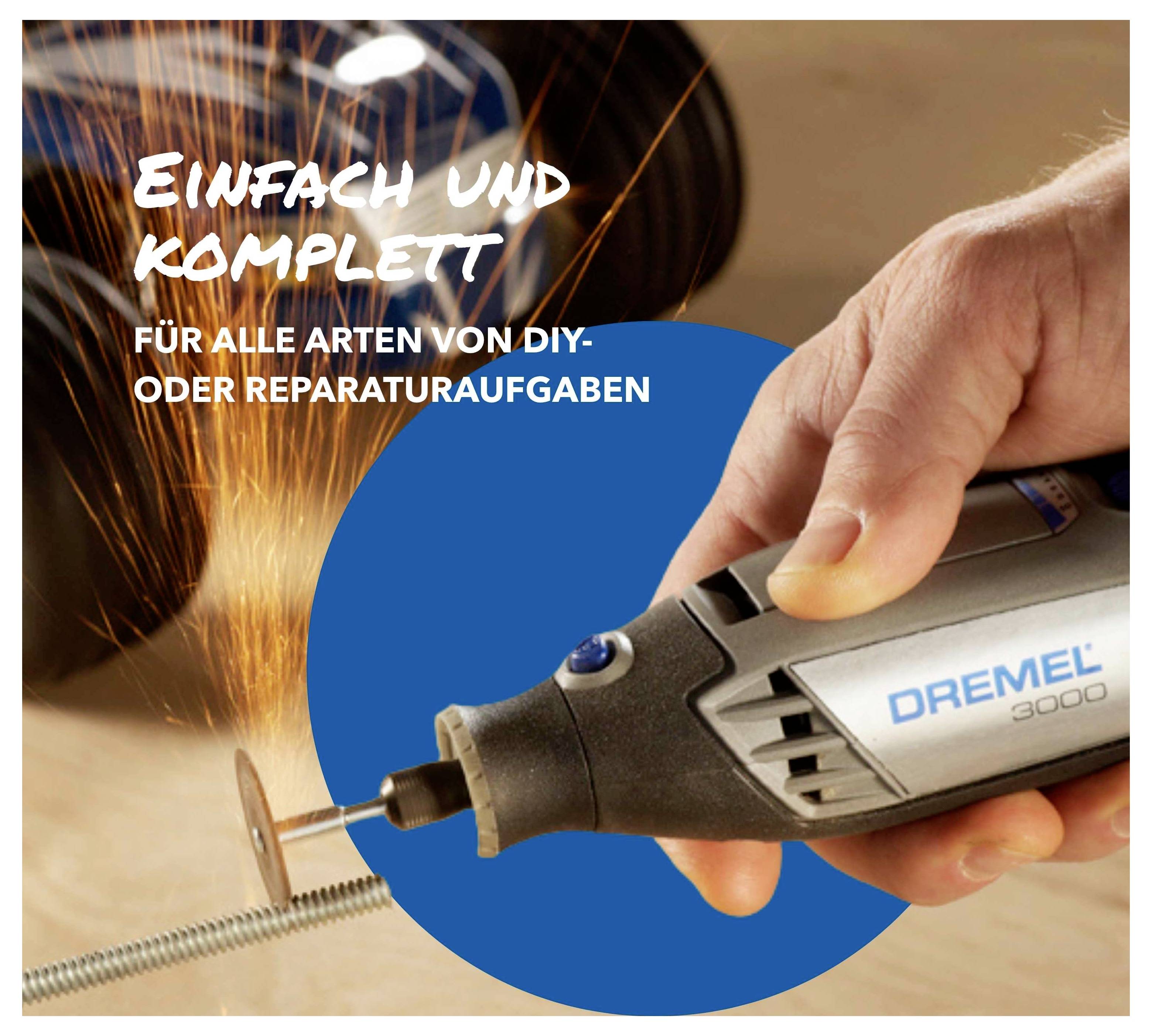 Eine Hand hält ein Dremel-Werkzeug, das Funken erzeugt. Text: 'Einfach und komplett für alle Arten von DIY- oder Reparaturaufgaben'.