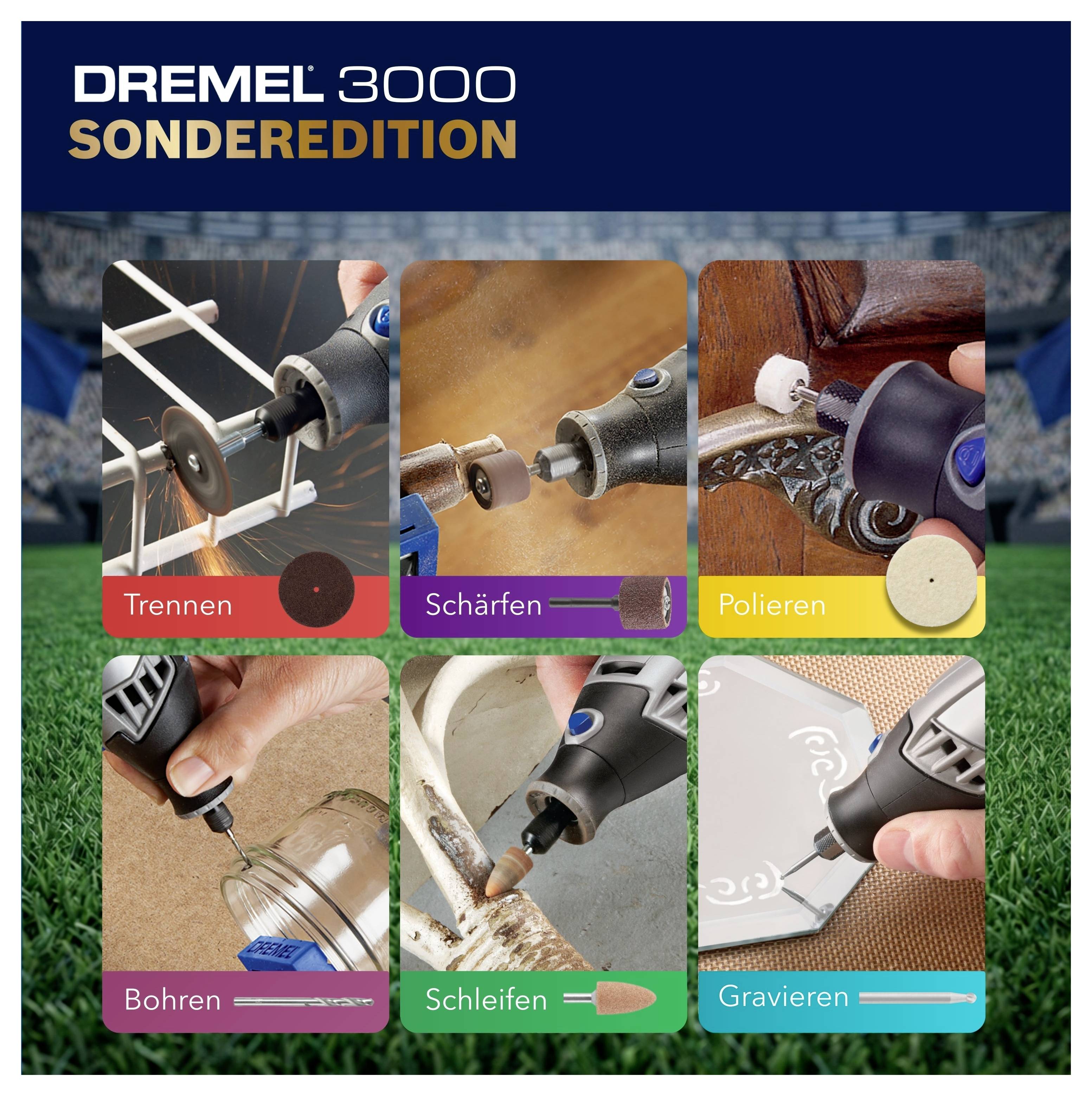 'Dremel 3000 Sonderedition' mit sechs Bildern: Trennen, Schärfen, Polieren, Bohren, Schleifen, Gravieren, von Werkzeuganwendungen.