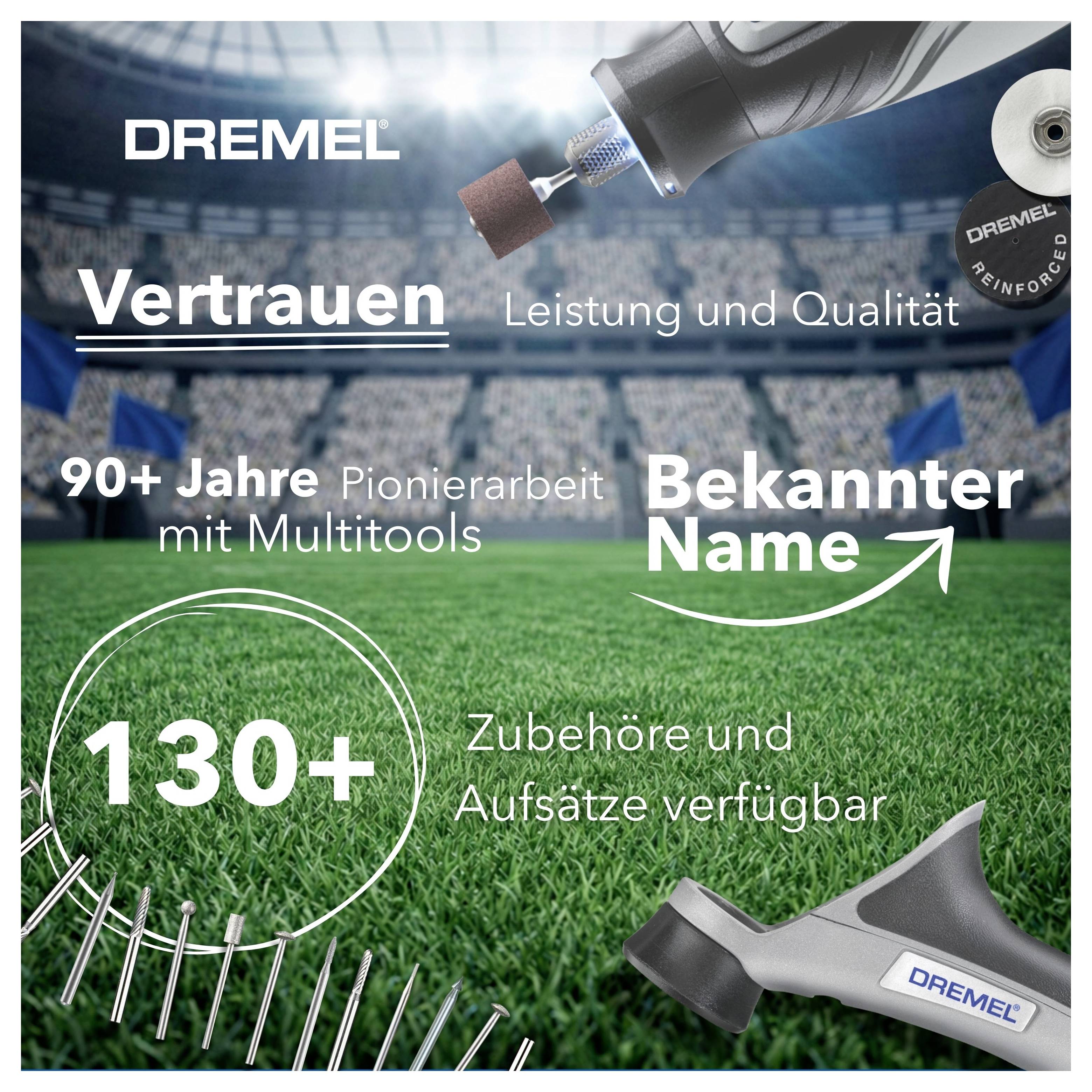 'Vertrauen' und 'Bekannter Name' stehen im Vordergrund. '90+ Jahre Pionierarbeit mit Multitools', 130+ Zubehörteile und Aufsätze verfügbar.