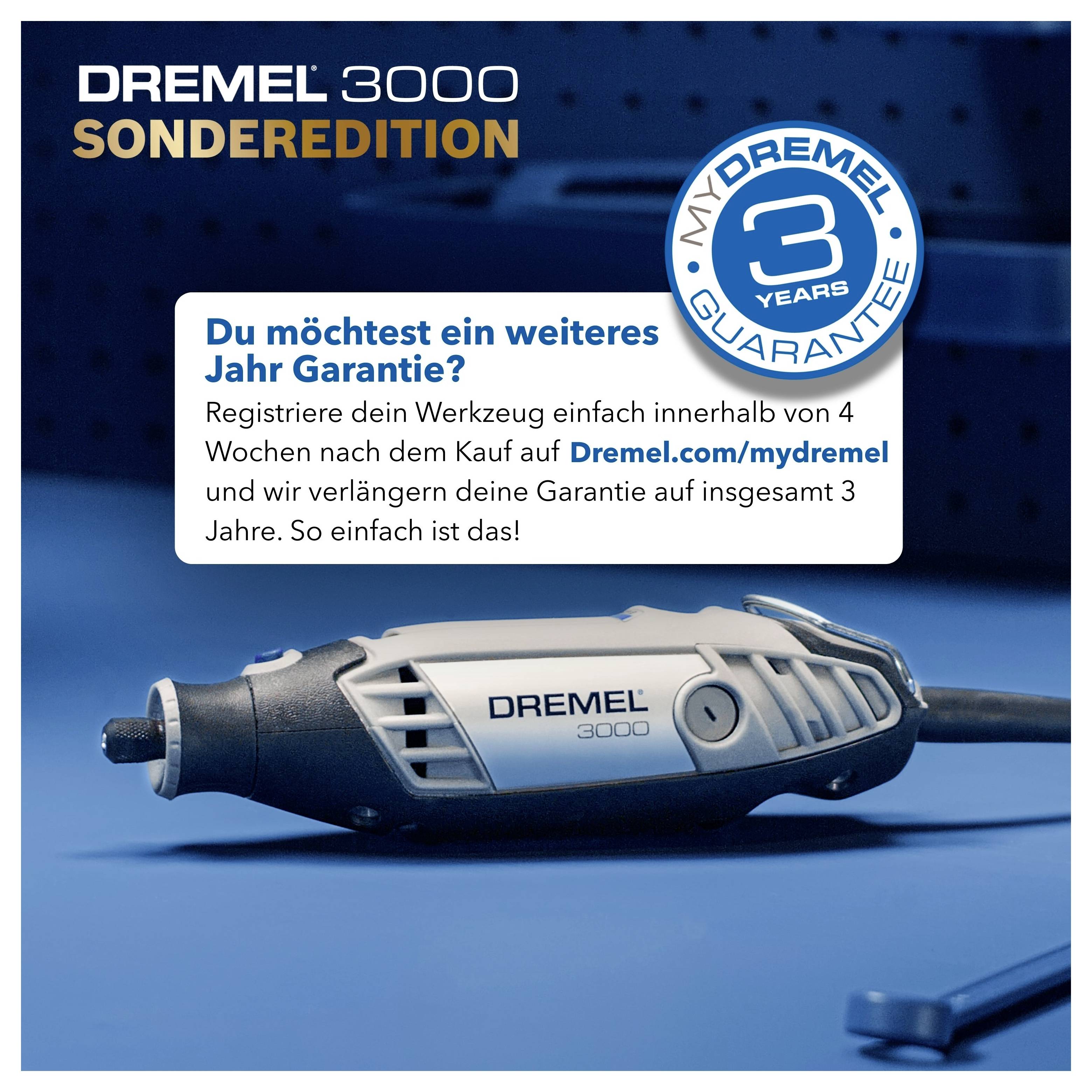 'Dremel 3000 Sonderedition' Werkzeug mit 3 Jahren Garantie. Registriere innerhalb von 4 Wochen auf Dremel.com/mydremel.
