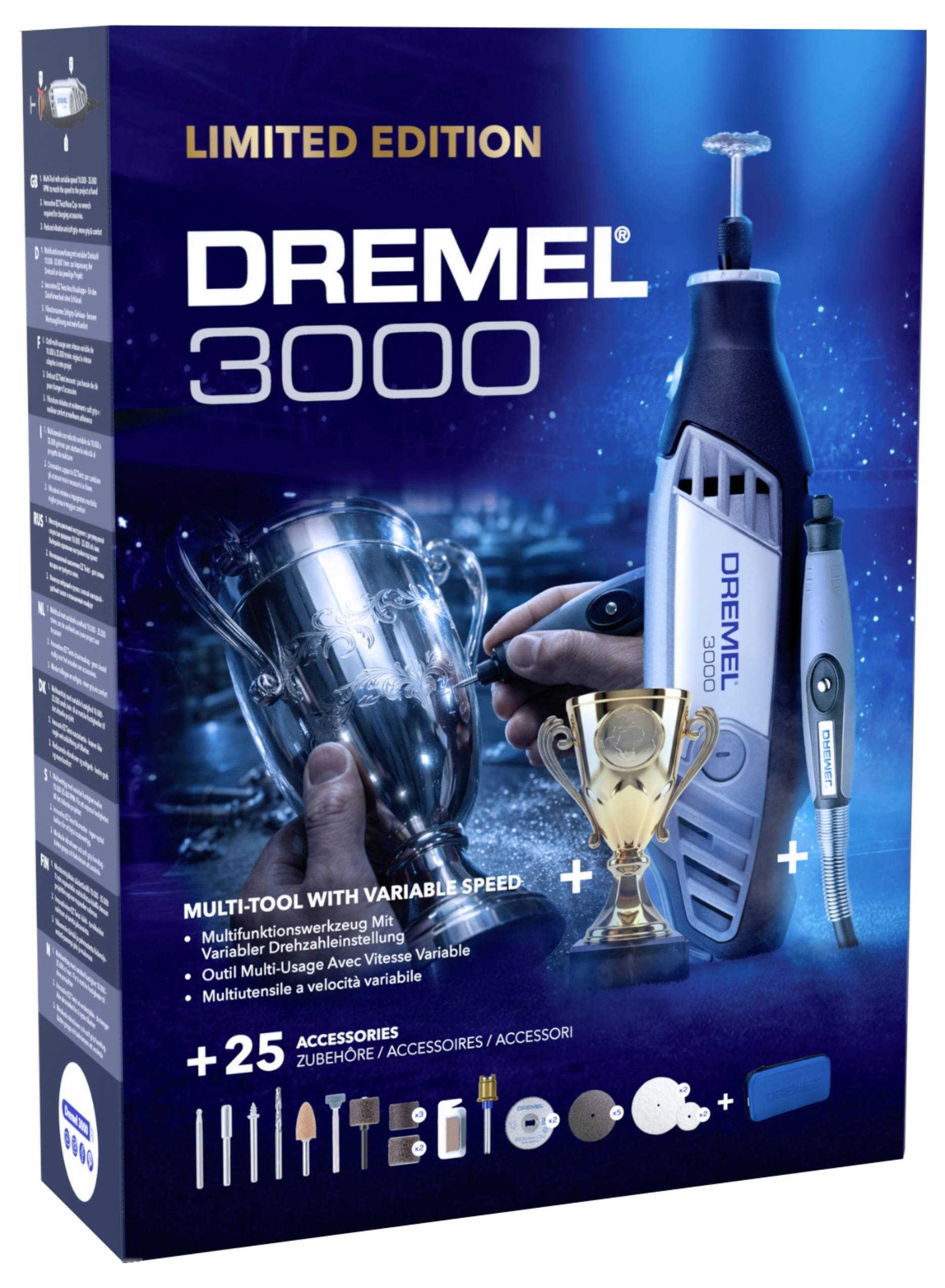 Verpackung des Dremel 3000 Multifunktionswerkzeugs in limitierter Auflage. Enthält Werkzeug, Zubehör und Details zur variablen Geschwindigkeit.