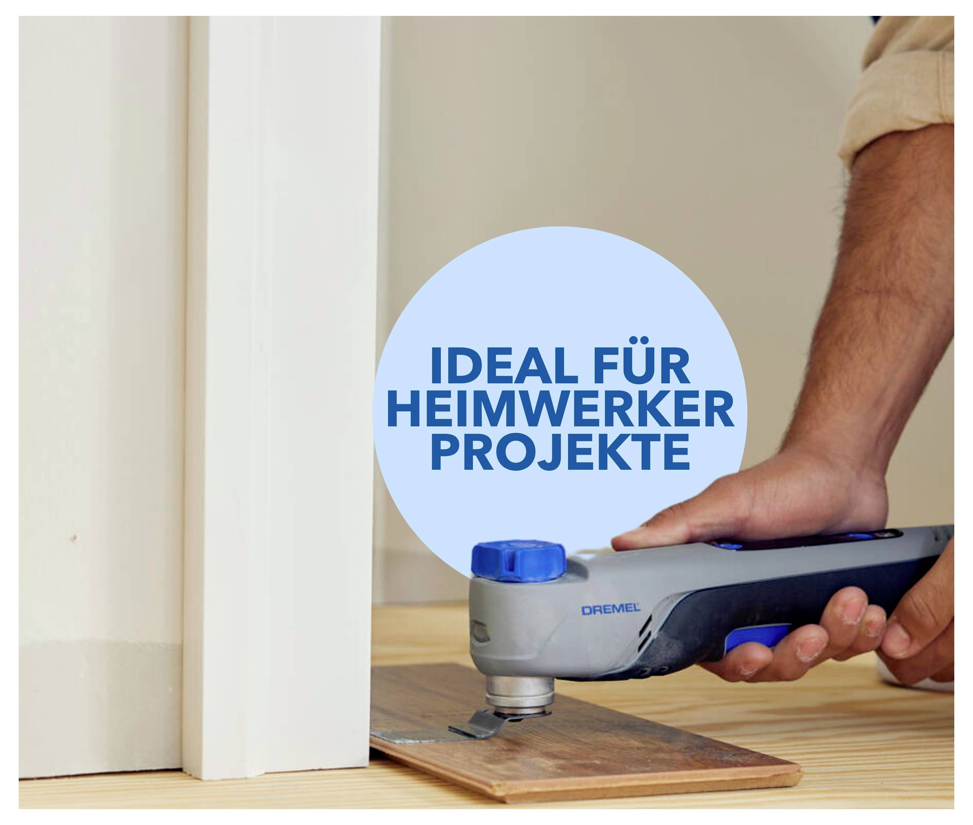 Person schneidet mit einem Dremel-Werkzeug eine Holzplatte; Text: 'IDEAL FÜR HEIMWERKER PROJEKTE'.