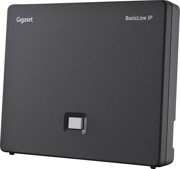 Schwarze Gigaset BasicLine IP Basisstation mit quadratischem Knopf in der Mitte, entwickelt zur Verbindung von Geräten für kabellose Kommunikation.